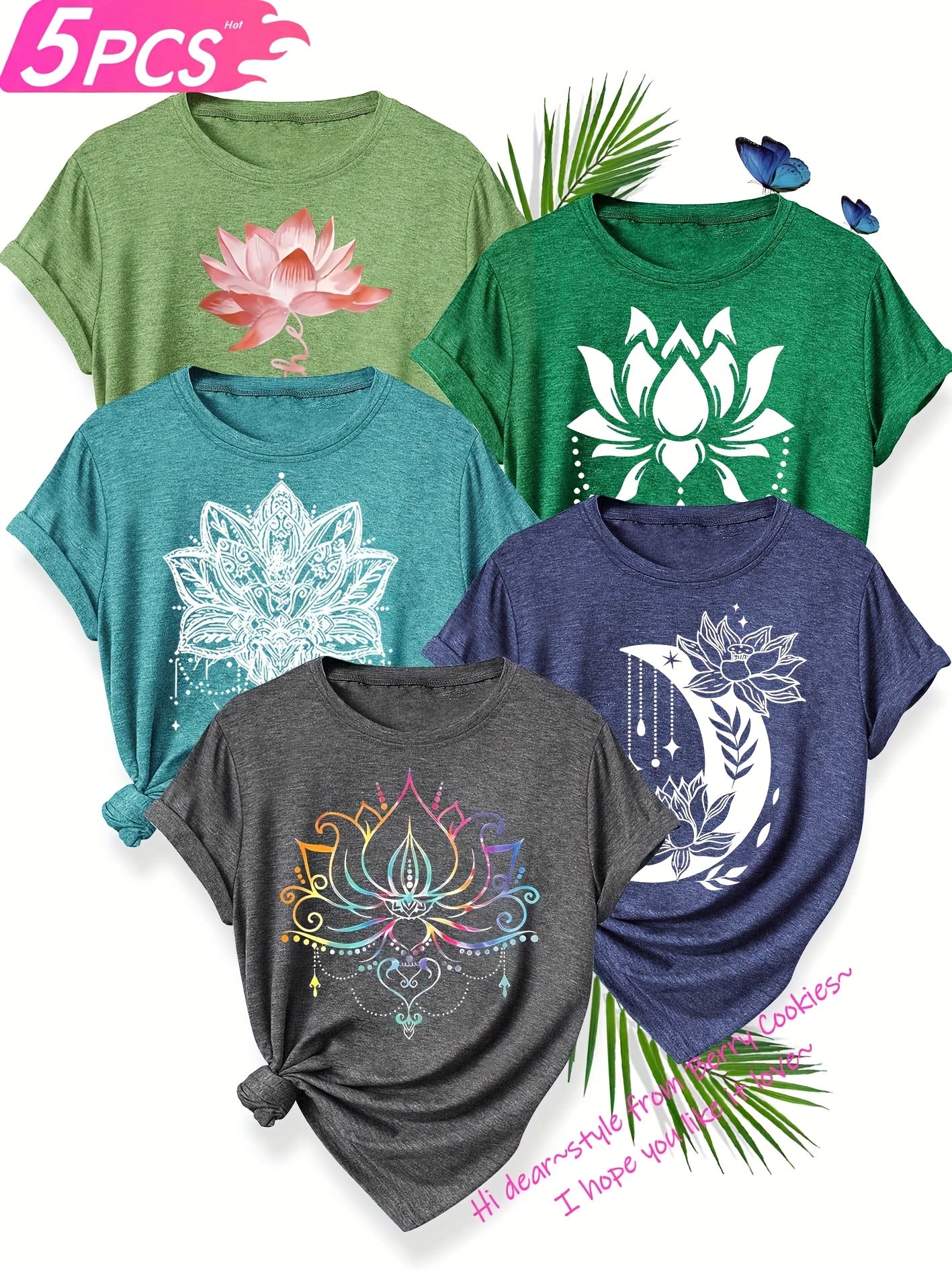 5pcs Women'S Floral Print T-Shirts - Casual Crew Neck, Short Sleeve, Medium Stretch, Vibrant Colors (S-XXL) - Perfect for Spring, Summer &