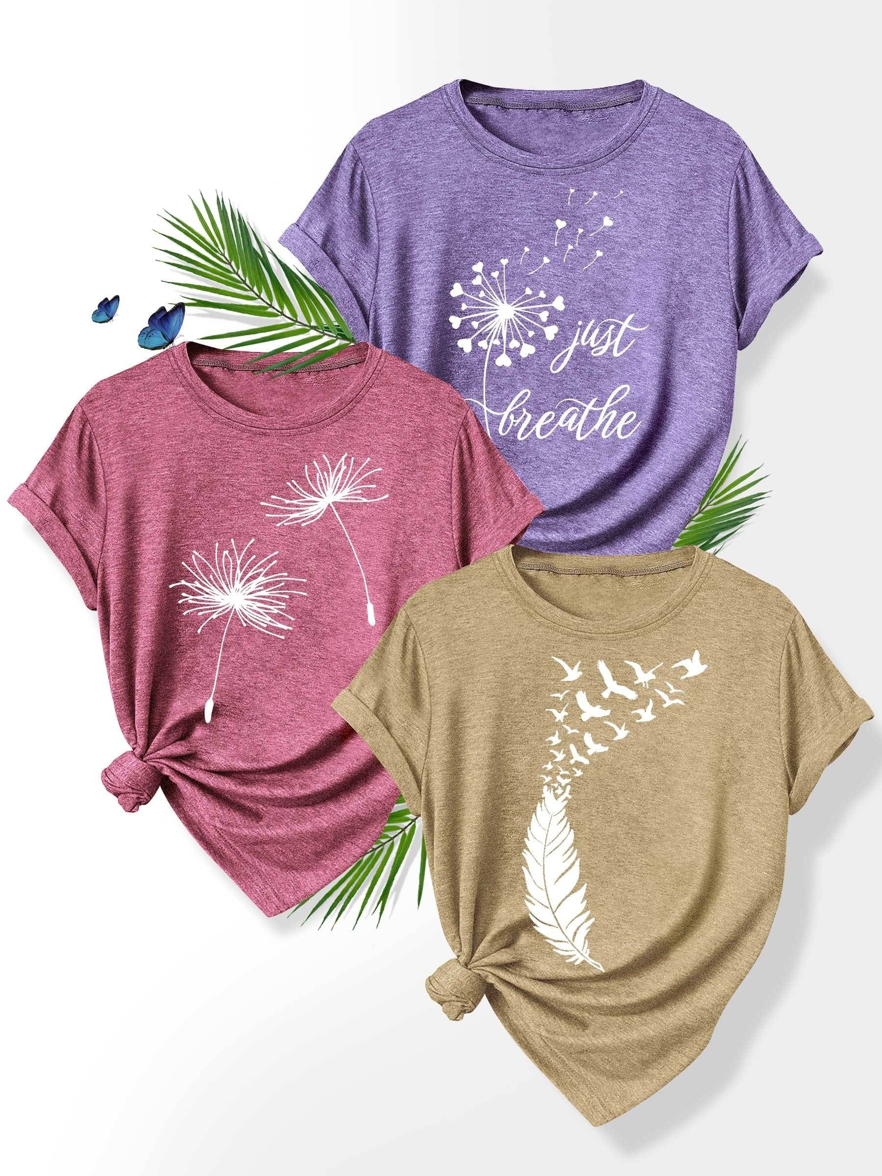 [Summer Floral Tees] 3pcs Set Soft Polyester Blend Floral Print T-Shirts for Women | Casual Summer Short Sleeve Crew Neck Tees, Dandelion, Rose, and Bee Design, Sizes S-XXL, Perfect for Casual Attire, Casual Summer Wear