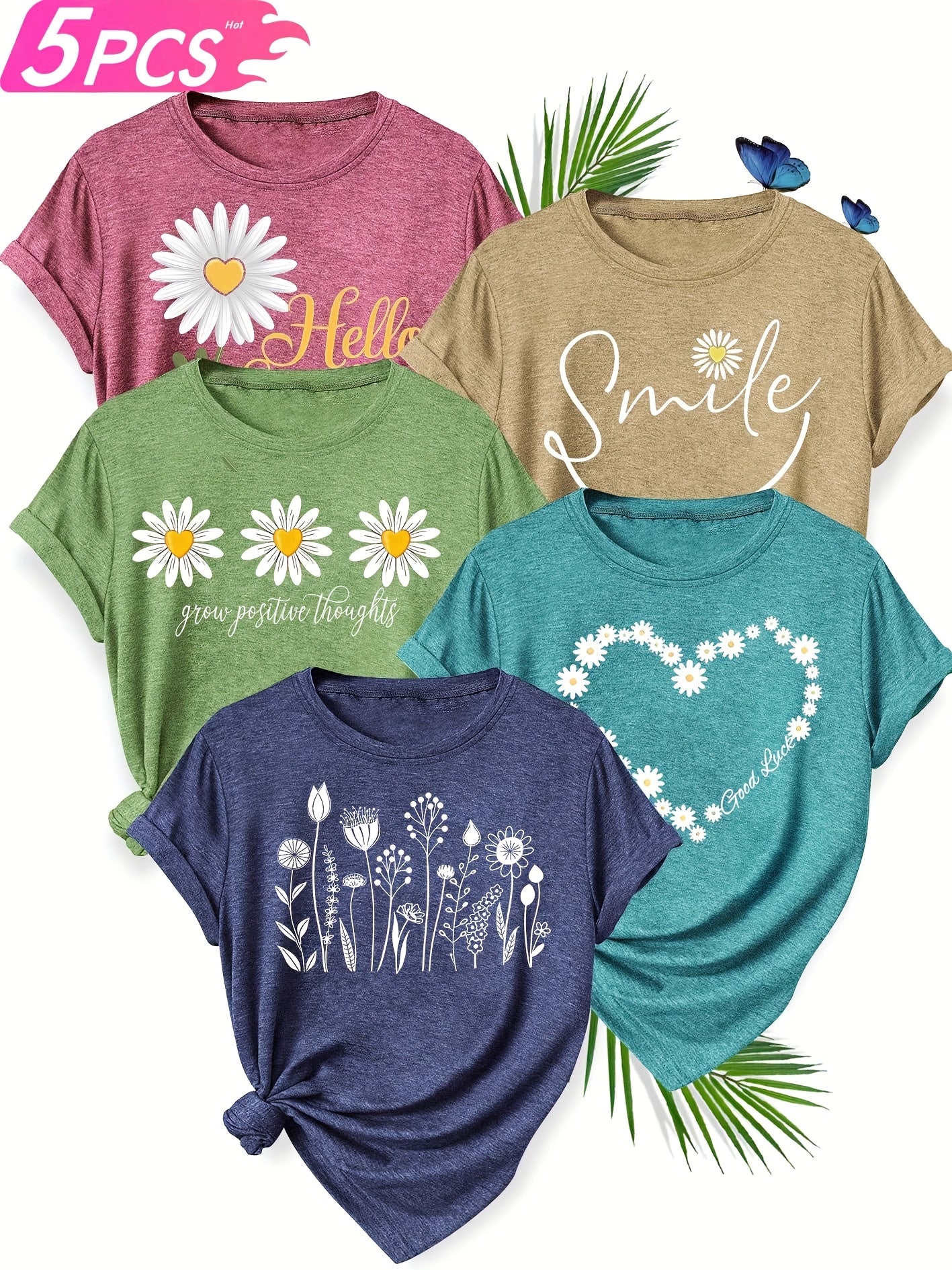 [Soft T-Shirts] 5pcs Soft Stretch Women's Casual Crew Neck Short Sleeve T-Shirts | Floral, Heart, and Smile Print Designs in Purple, Green, Pink, and Blue - Plus Sizes Available, Comfortable Fit Tee