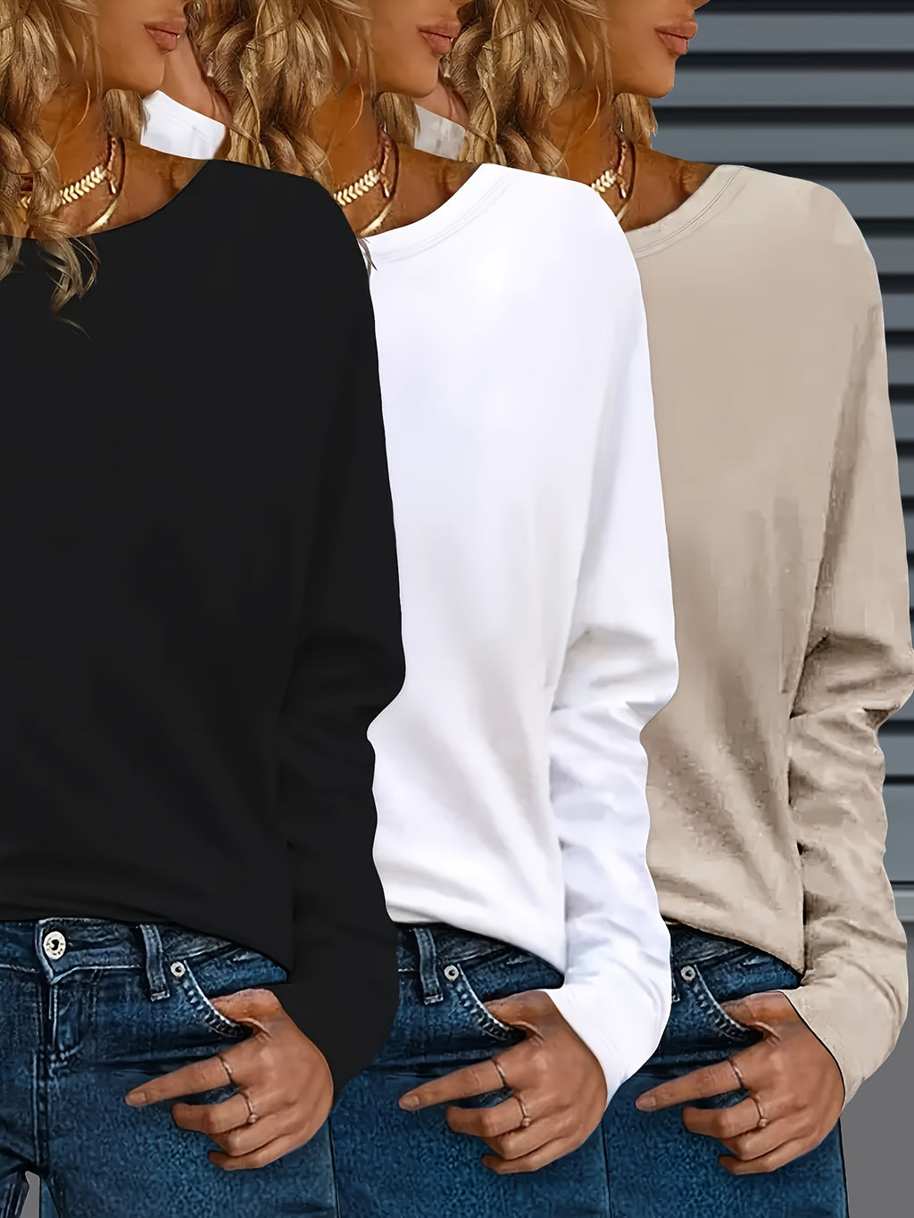 [Polyester T-Shirts] 3-Pack Women's Polyester Crew Neck T-Shirts | Long Sleeve Pullovers with Slight Stretch, Solid Color, Regular Fit for Fall/Winter