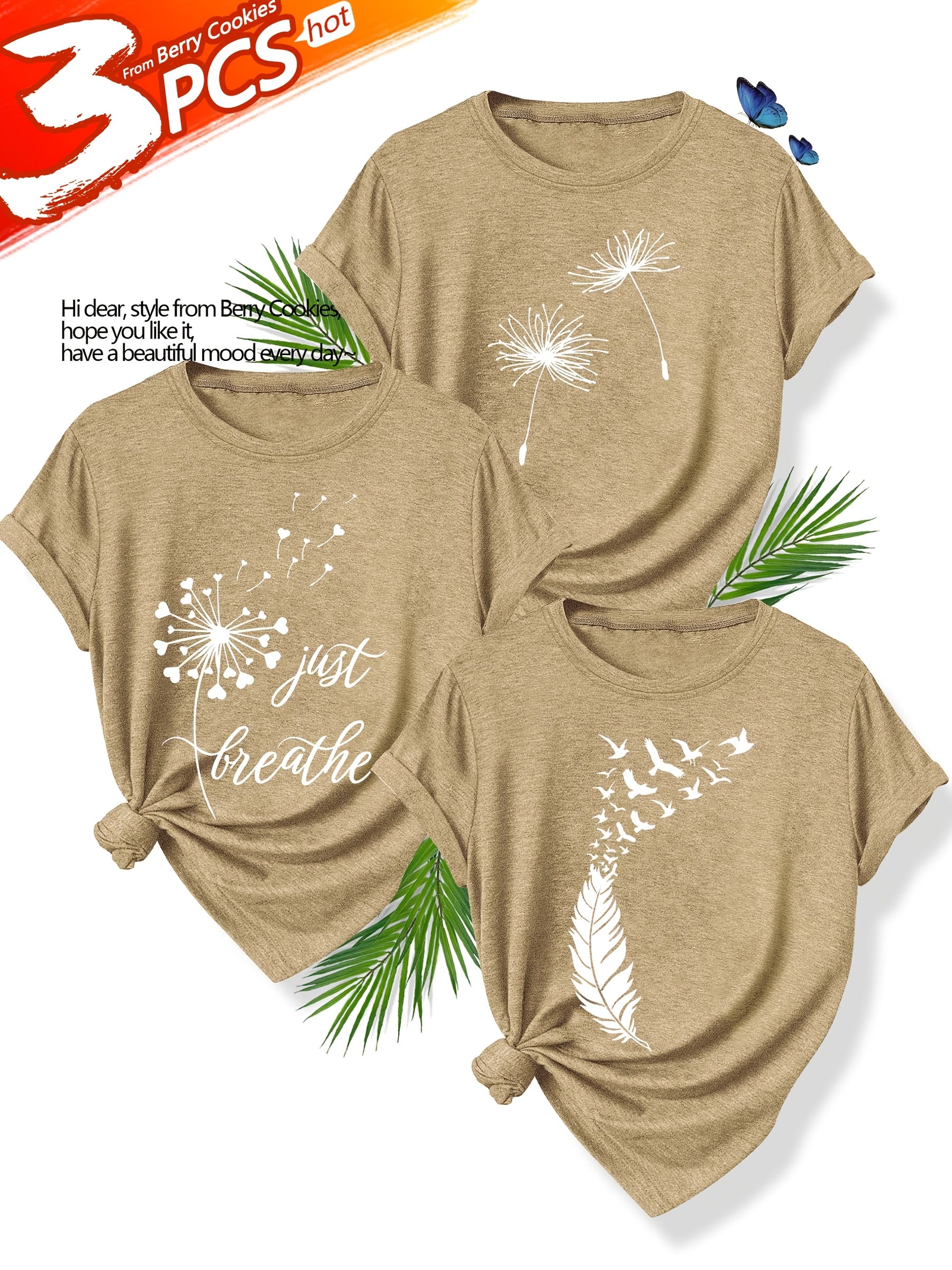 [Summer Floral Tees] 3pcs Set Soft Polyester Blend Floral Print T-Shirts for Women | Casual Summer Short Sleeve Crew Neck Tees, Dandelion, Rose, and Bee Design, Sizes S-XXL, Perfect for Casual Attire, Casual Summer Wear