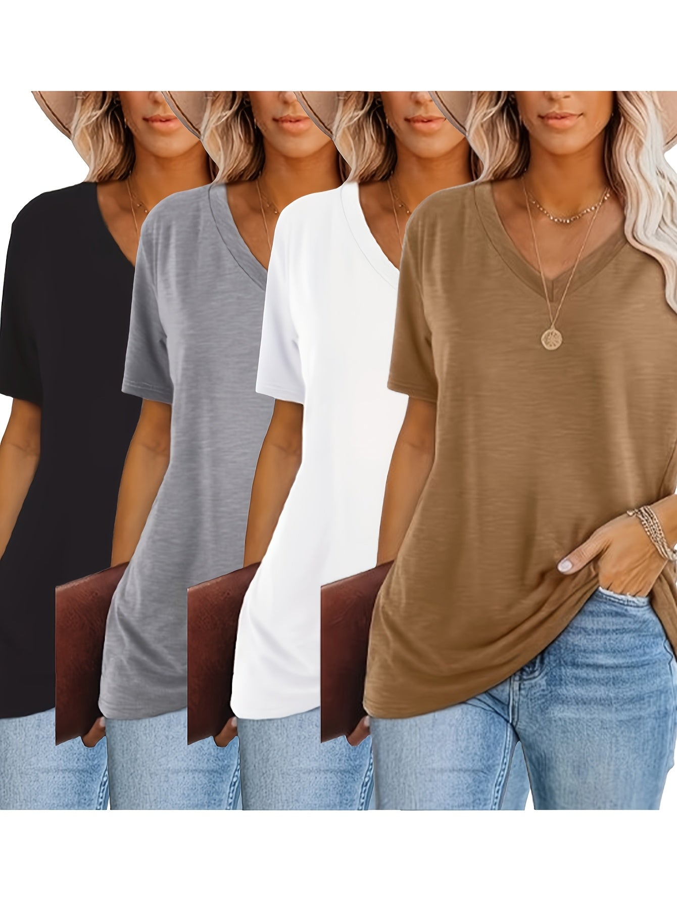 Four-Piece Set 2025 European and American Style Women's Loose Fit V-Neck Short Sleeve Printed T-Shirt