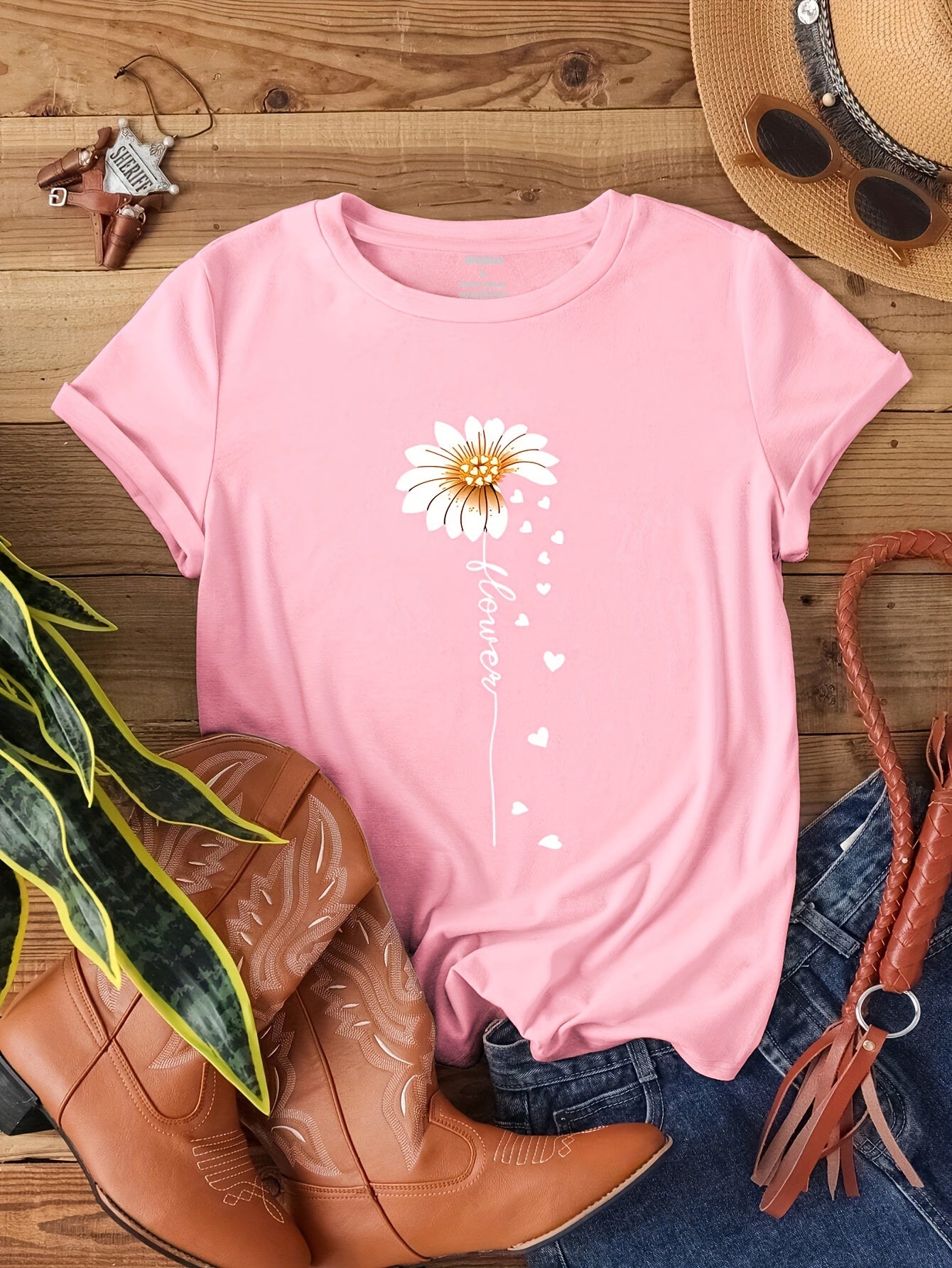 [Valentine's Day Flower Print Tee] Faith Letter & Flower Print T-shirt, Casual Short Sleeve Crew Neck Top, Women's Clothing, Valentine's Day