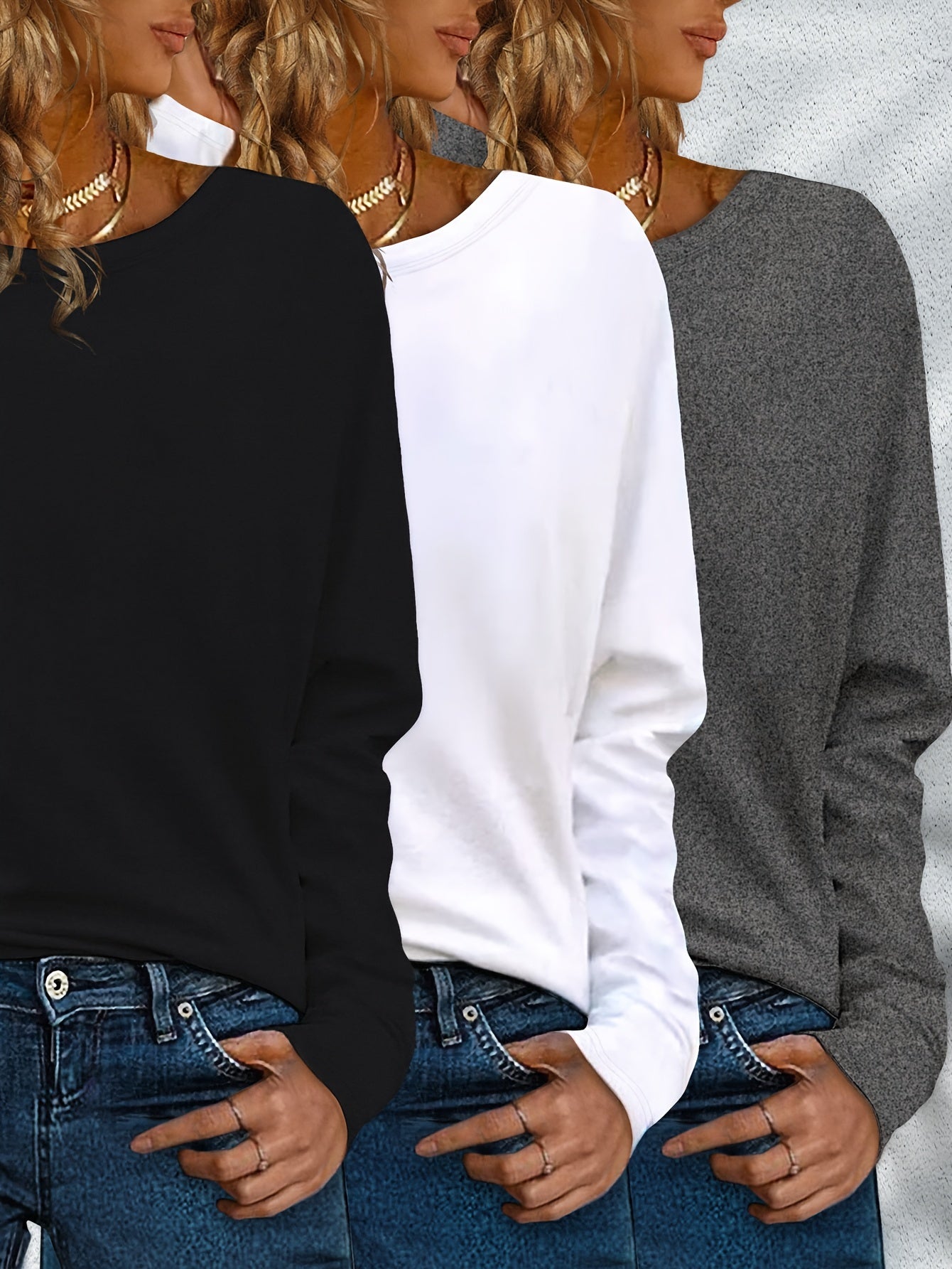Solid Color Long Sleeve T-Shirt Set of Three