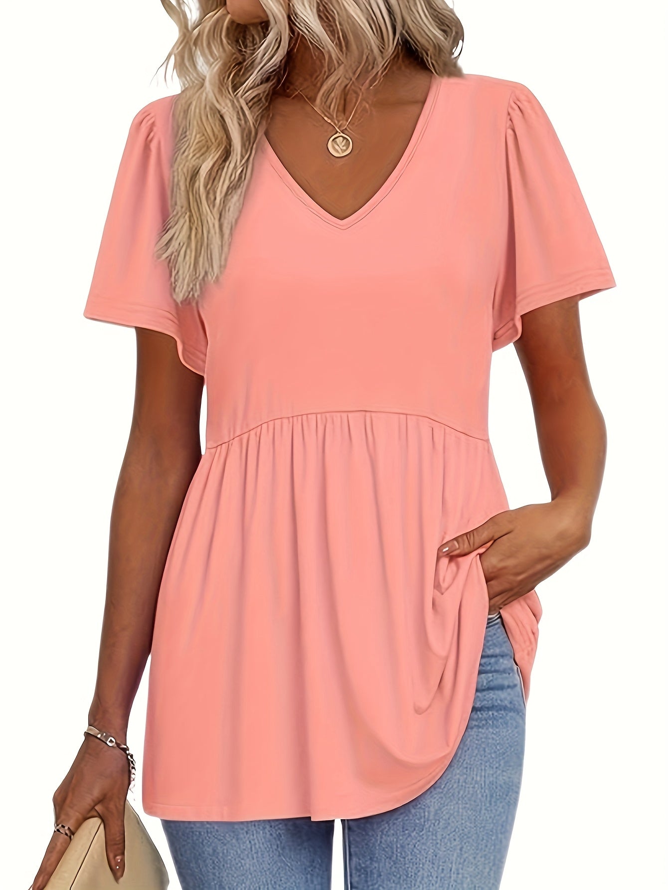 3pcs Women'S Summer V-Neck T-Shirts, Casual Short Sleeve Ruffle Hem Tee, Solid Color Polyester Blend, Lightweight Breathable Fabric for Daily & Party Wea