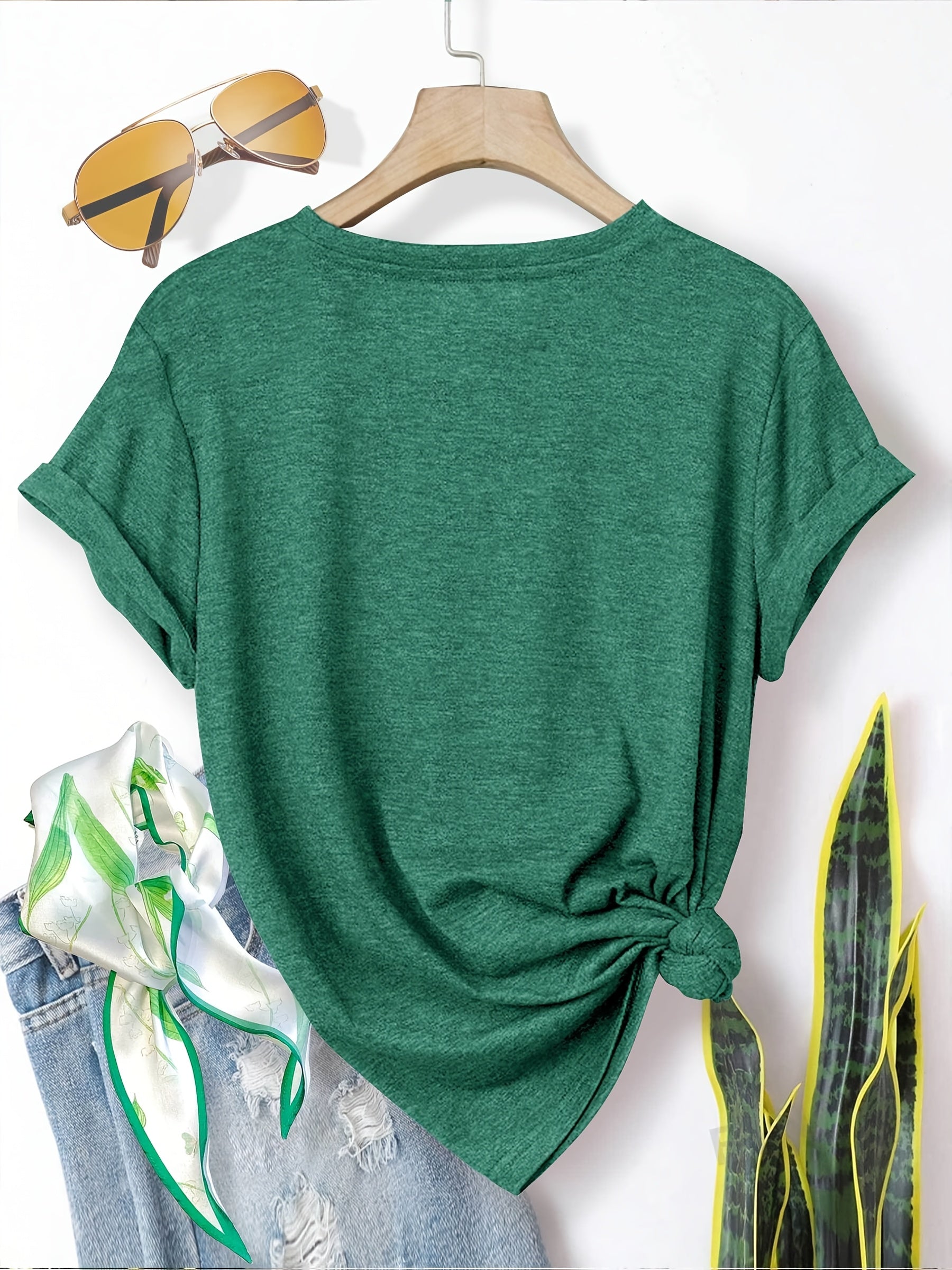 [Soft T-Shirts] 5pcs Soft Stretch Women's Casual Crew Neck Short Sleeve T-Shirts | Floral, Heart, and Smile Print Designs in Purple, Green, Pink, and Blue - Plus Sizes Available, Comfortable Fit Tee