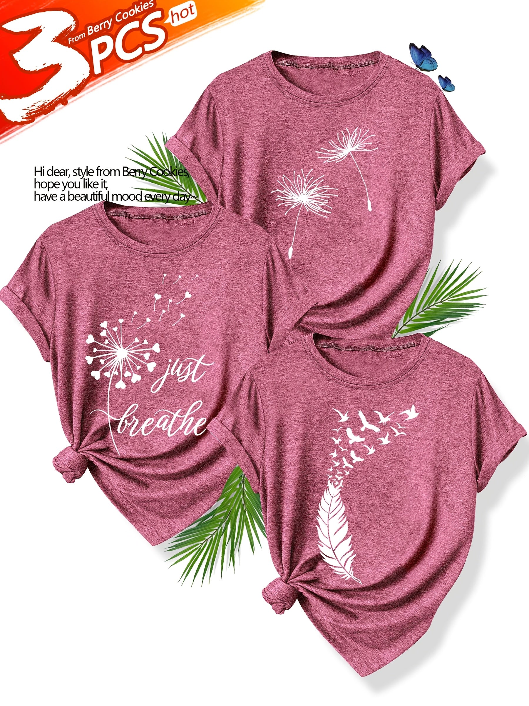 [Summer Floral Tees] 3pcs Set Soft Polyester Blend Floral Print T-Shirts for Women | Casual Summer Short Sleeve Crew Neck Tees, Dandelion, Rose, and Bee Design, Sizes S-XXL, Perfect for Casual Attire, Casual Summer Wear