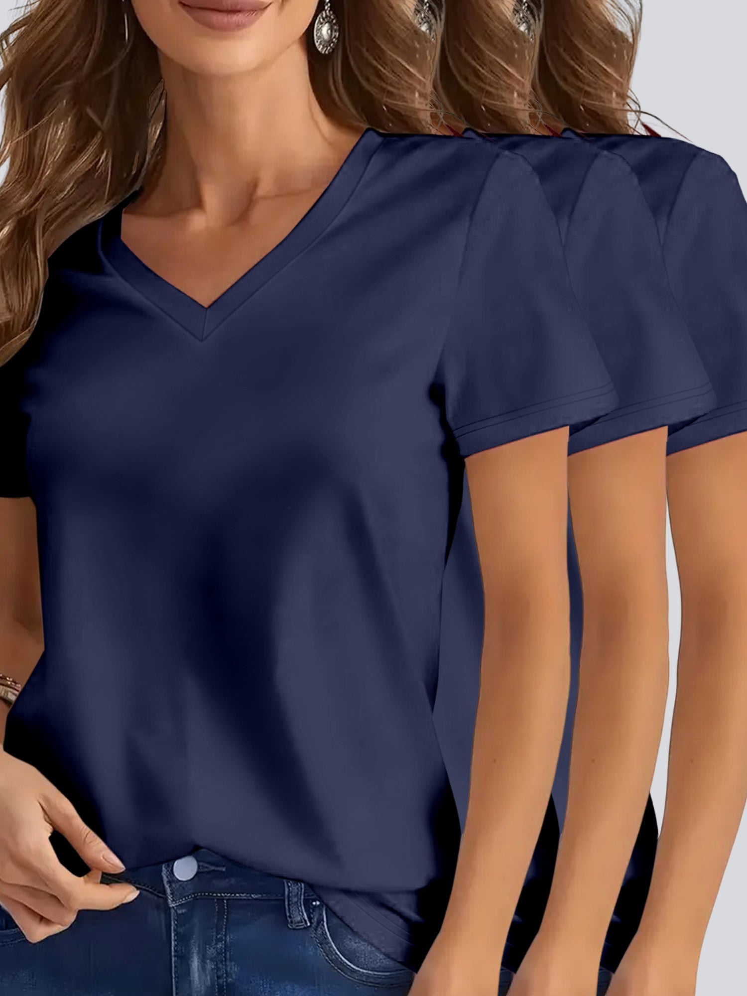 3pcs Set Summer Women'S V-Neck Short Sleeve T-Shirt, Casual Loose Fit, Solid Color, 180g/m² Polyester Knit Fabric
