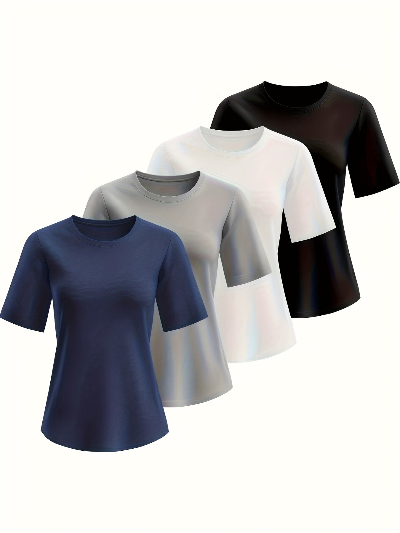 [4pcs Casual Tees] 4pcs Soft & Comfortable Women's Casual T-Shirts | Solid Color Crew Neck Short Sleeve Summer Tops | Navy Blue, White, Black, Red, Light Blue