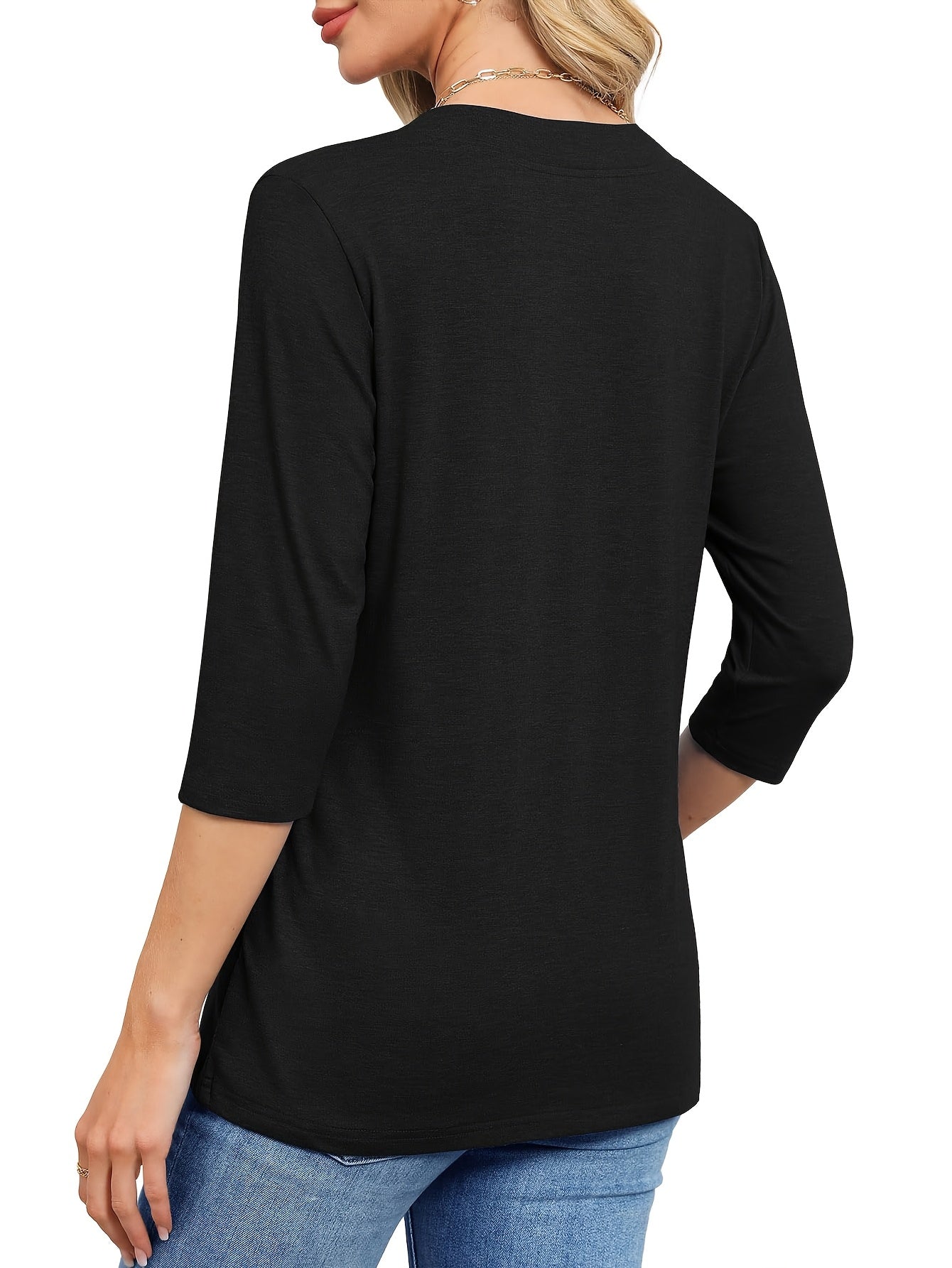 Women'S 3/4 Sleeve V-Neck T-Shirt Set - Casual, Breathable Polyester, Solid Color, All-Season Comfort, Casual Wear|Vneck Top|Polyester Fabric