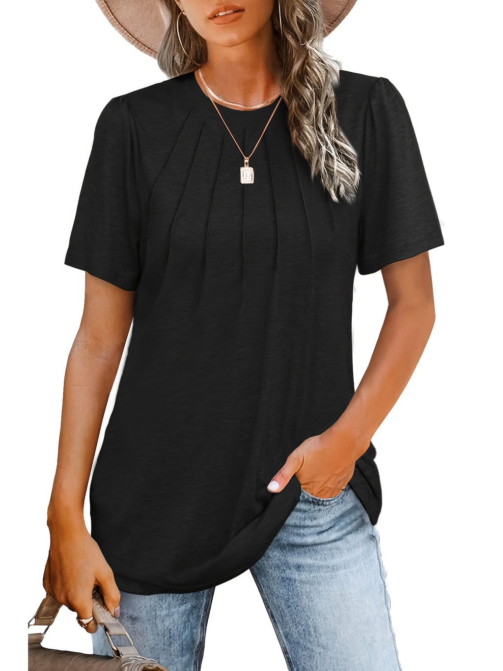 [Summer T-Shirt Set] 3pcs Women's Summer Short Sleeve Round Neck T-Shirt Set | Casual Polyester, Solid Color with Ruffled Bubble Sleeves, All-Season Comfort, Ladies T Shirts