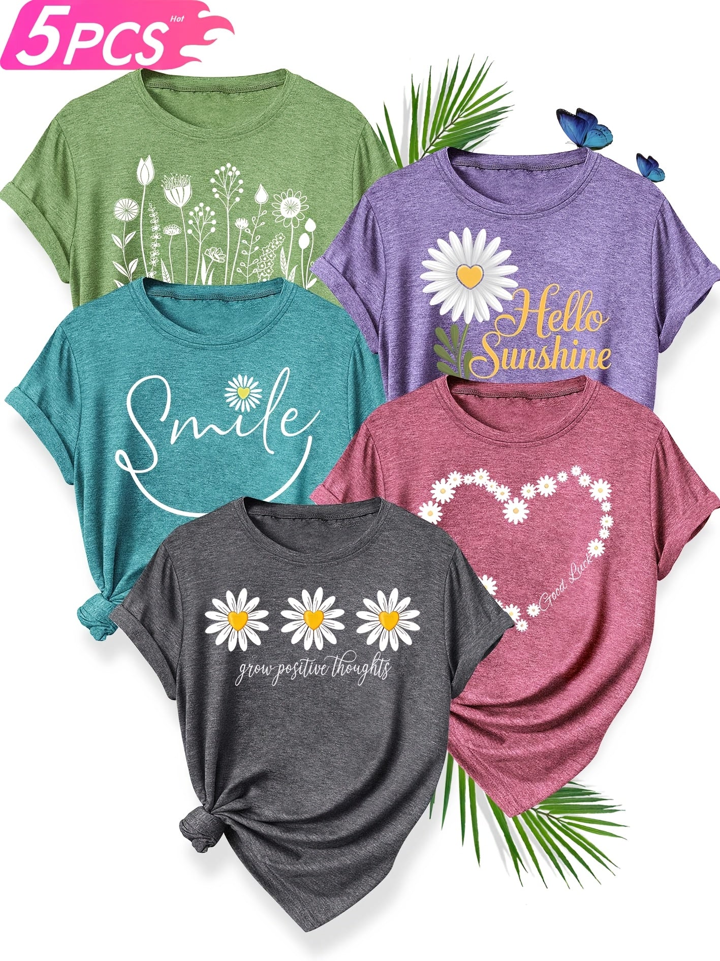 [Soft T-Shirts] 5pcs Soft Stretch Women's Casual Crew Neck Short Sleeve T-Shirts | Floral, Heart, and Smile Print Designs in Purple, Green, Pink, and Blue - Plus Sizes Available, Comfortable Fit Tee