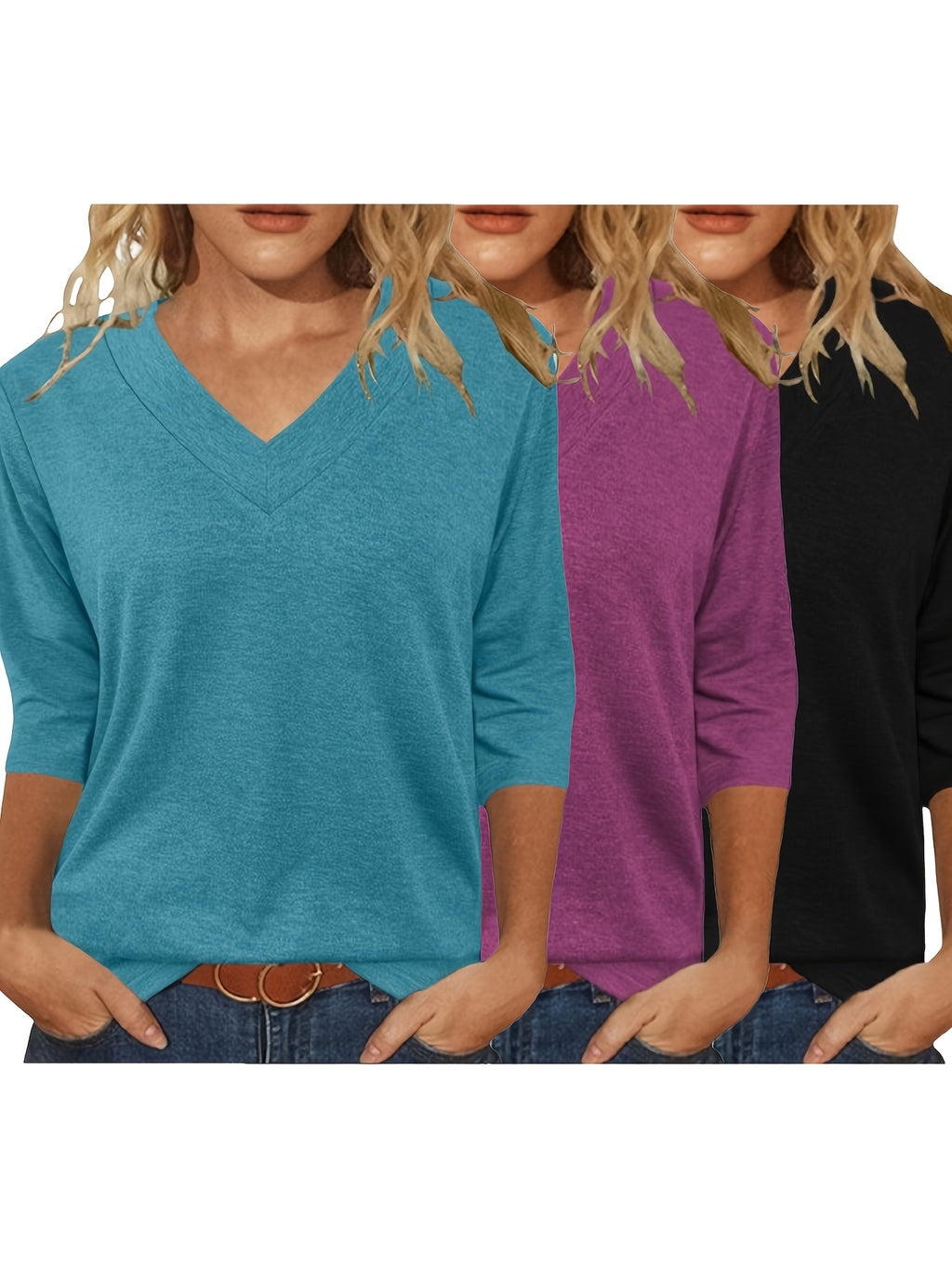 [3pcs Women's Casual Shirt] Three-Piece Women's Casual Loose Fit 3/4 Sleeve V-Neck Basic Shirt Set | Comfortable Breathable Fashion Seven-Eighth Sleeve T-Shirt
