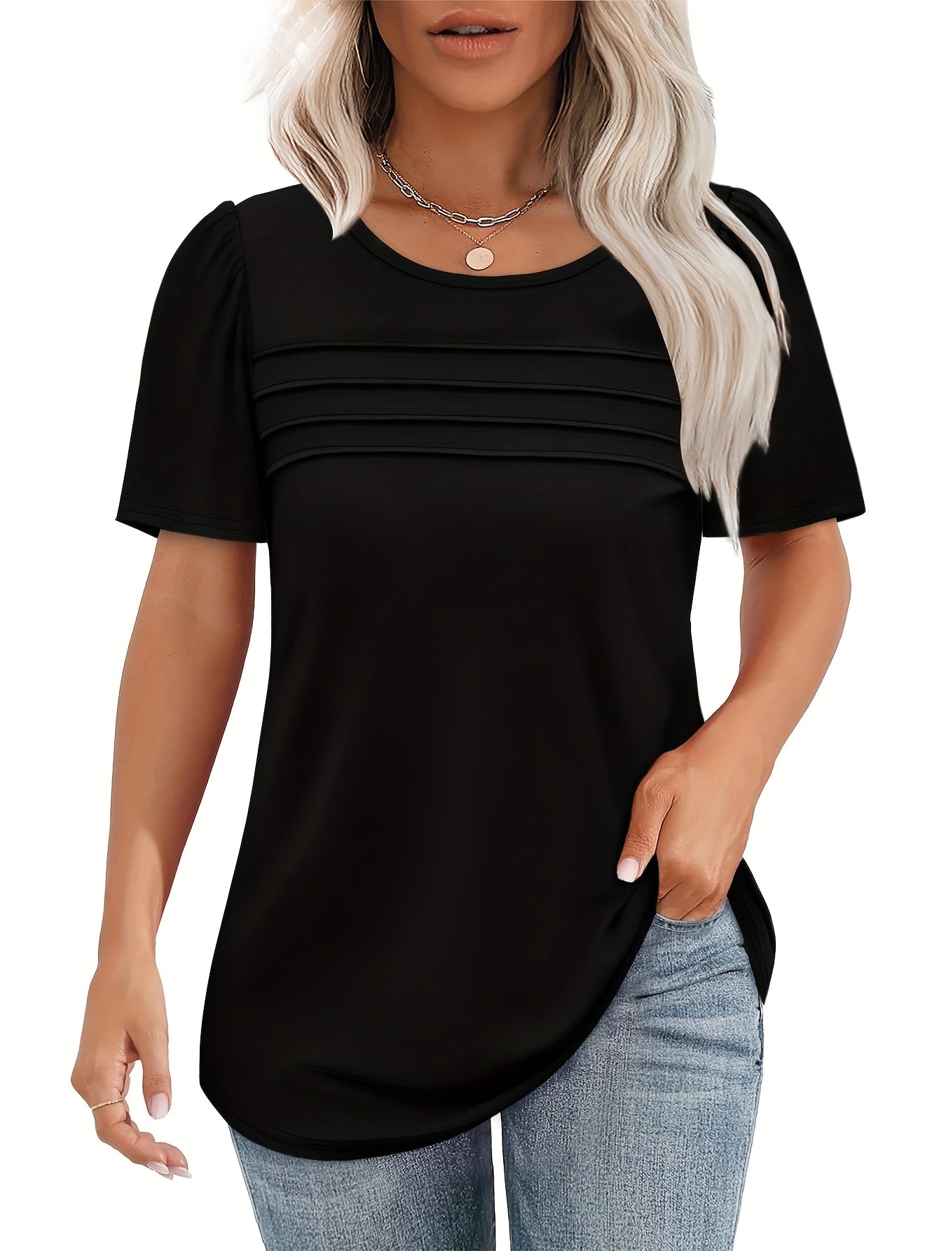 [Casual Ruched Set] Women's Casual Three-Piece Set | Ruched T-Shirts in Light Blue, Navy & Black - Short Sleeve, Comfortable & Breathable for Spring & Summer