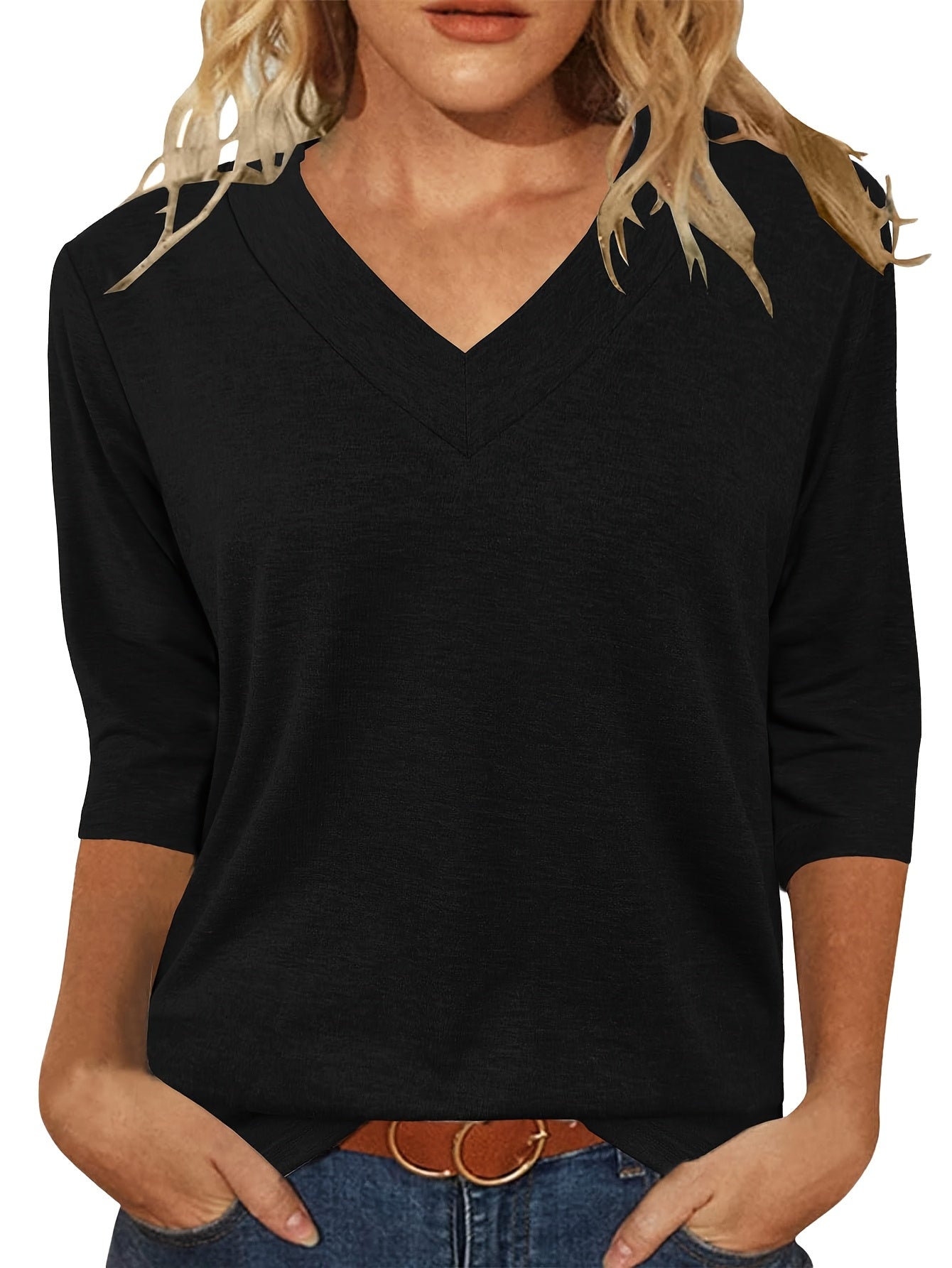Women'S 3/4 Sleeve V-Neck T-Shirt Set - Casual, Breathable Polyester, Solid Color, All-Season Comfort, Casual Wear|Vneck Top|Polyester Fabric