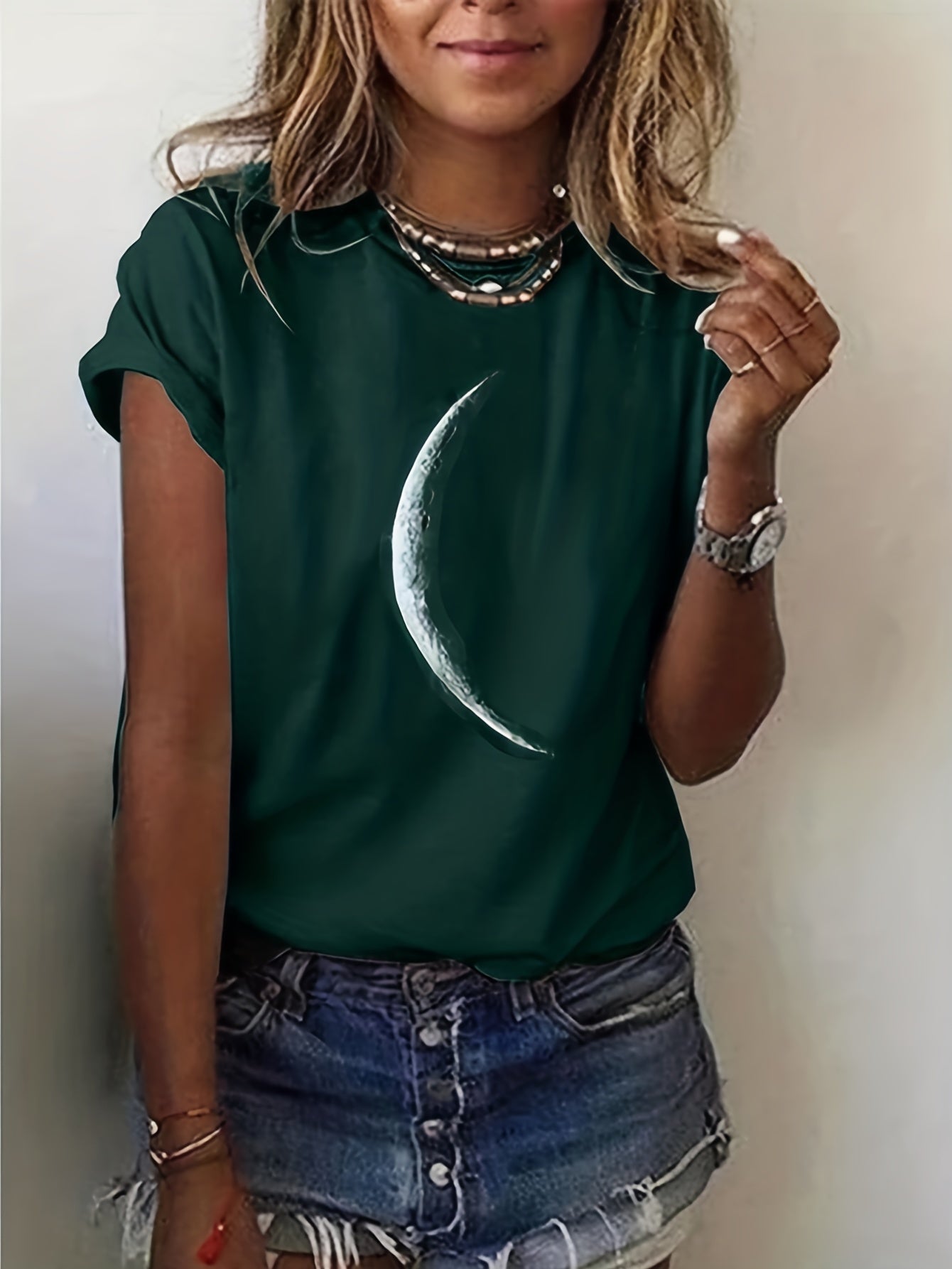 [Casual T-Shirt] Casual Moon Print Crew Neck T-Shirt | Women's Short Sleeve T-Shirt For Spring & Summer