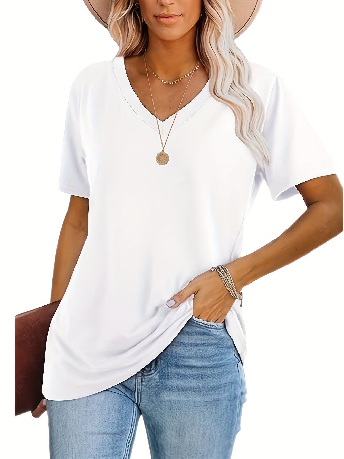 [Soft T-Shirts] 3pcs Soft Breathable Women's Casual V-Neck T-Shirts | Relaxed Fit Short Sleeve Tops in Black/White/Grey, Machine Washable, Versatile Casual Attire, Allseason Apparel, Minimalist Fashion, Comfortable Clothing