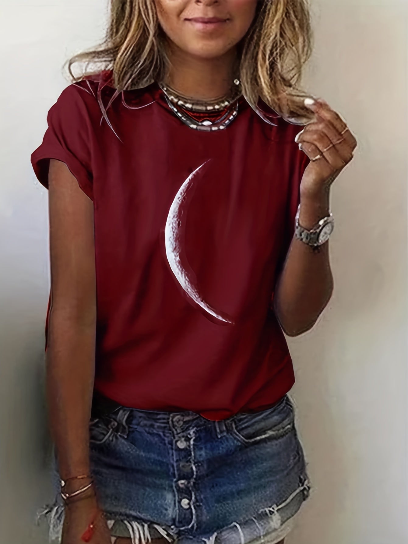 [Casual T-Shirt] Casual Moon Print Crew Neck T-Shirt | Women's Short Sleeve T-Shirt For Spring & Summer