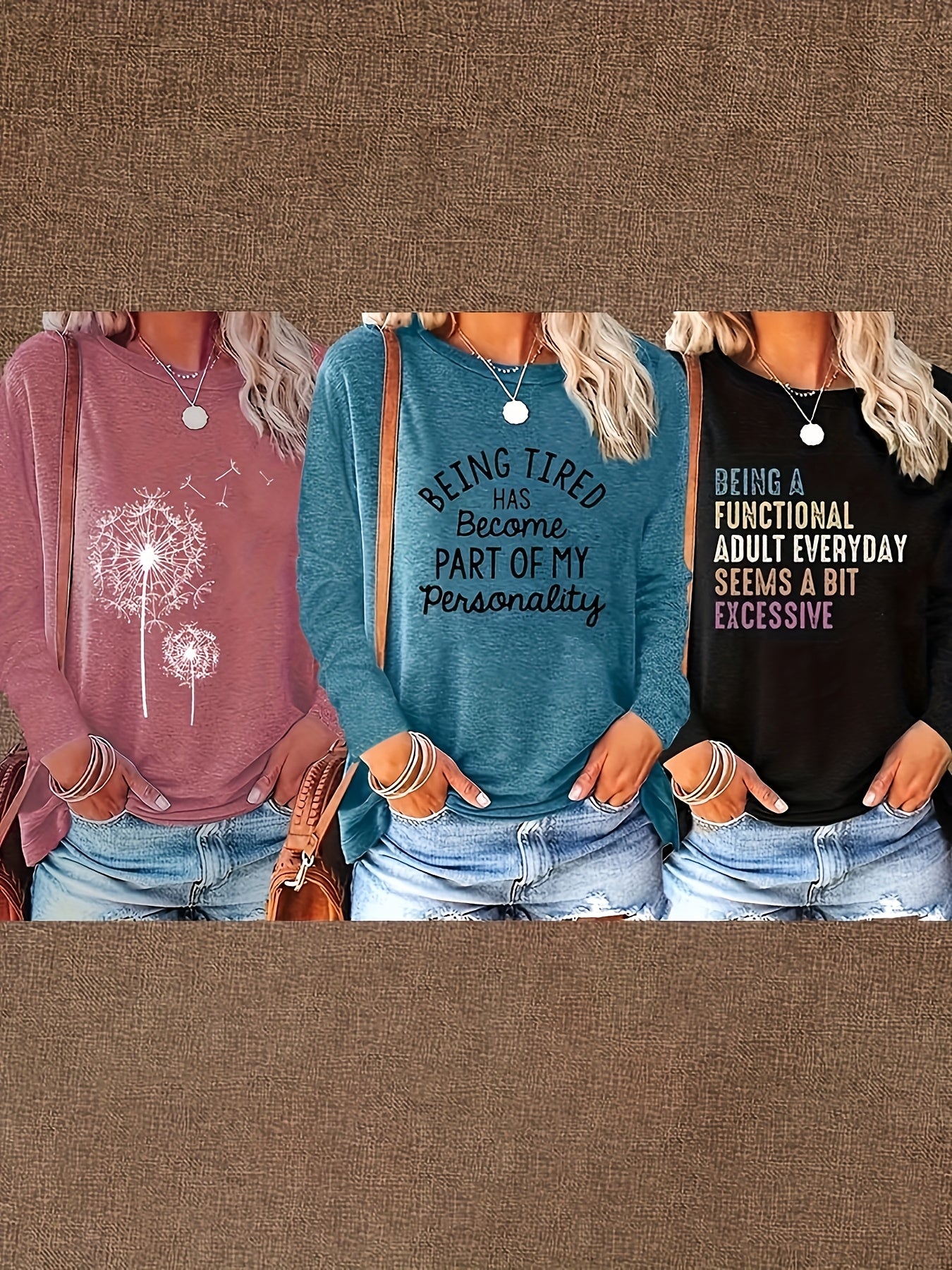 [Casual Long Sleeve T-Shirts] 3pcs Women's Casual Long Sleeve T-Shirts | Geometric Print, Relaxed Fit Round Neck, Machine Washable, Spring & Fall Essential Tops in Pink, Teal & Black for Casual Attire & Home Comfort, Versatile Playful Graphic Tee, Durable