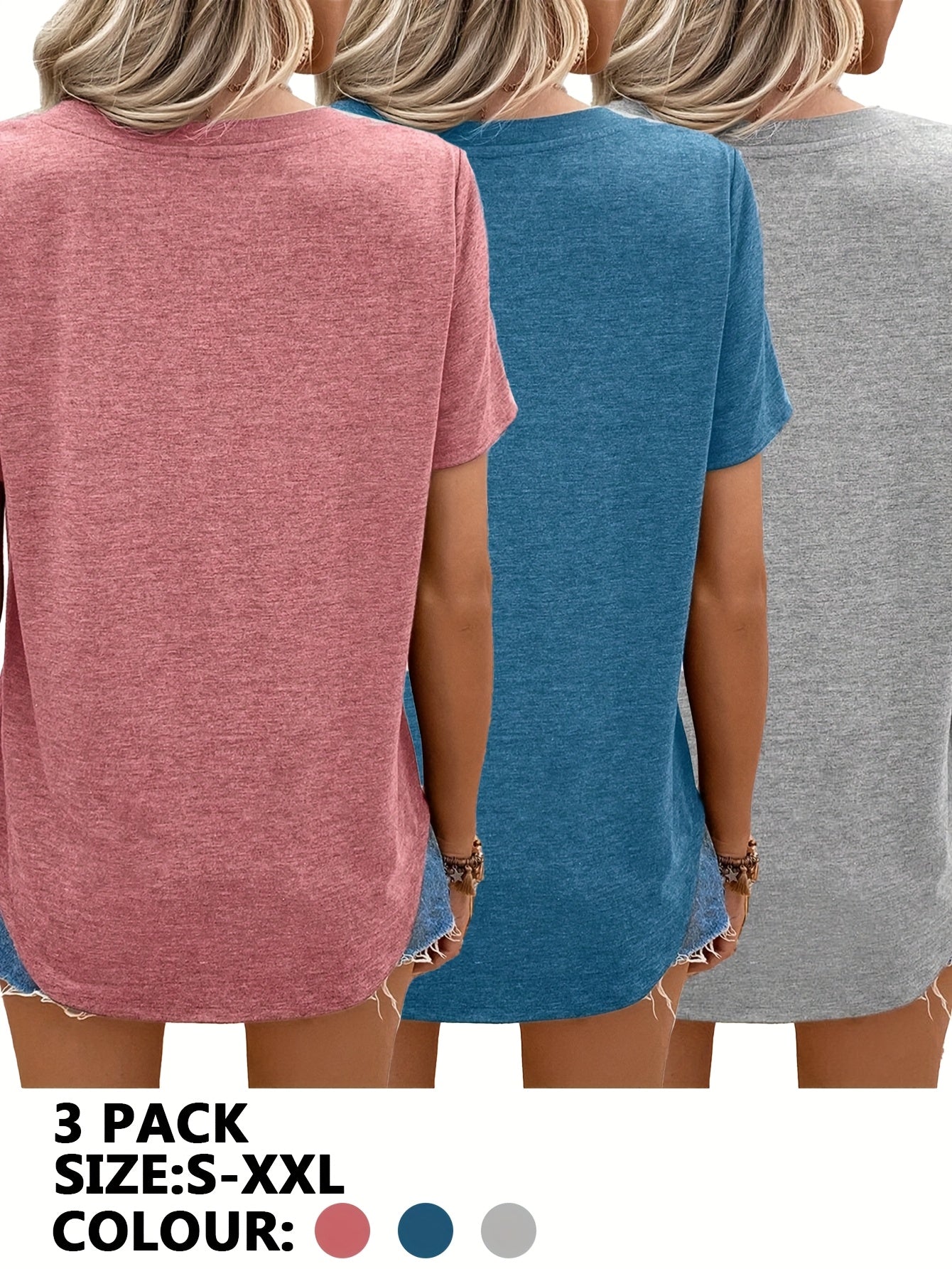 [Comfortable T-Shirts] 3pcs Women's Comfortable V-Neck Short Sleeve T-Shirts | Casual Spring/Summer Tee Set in Assorted Colors, Quality Fabric