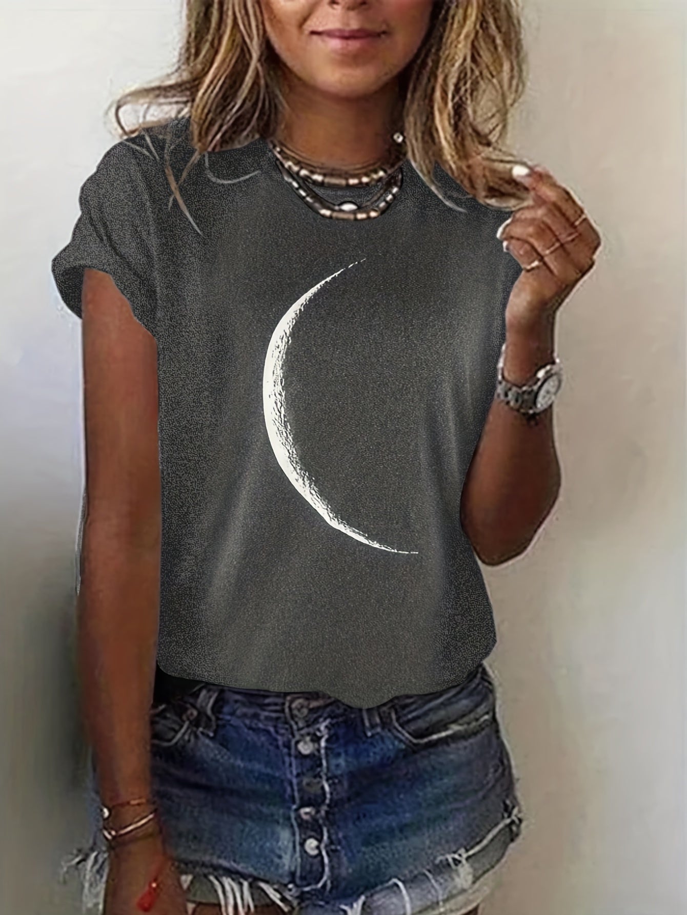 [Casual T-Shirt] Casual Moon Print Crew Neck T-Shirt | Women's Short Sleeve T-Shirt For Spring & Summer
