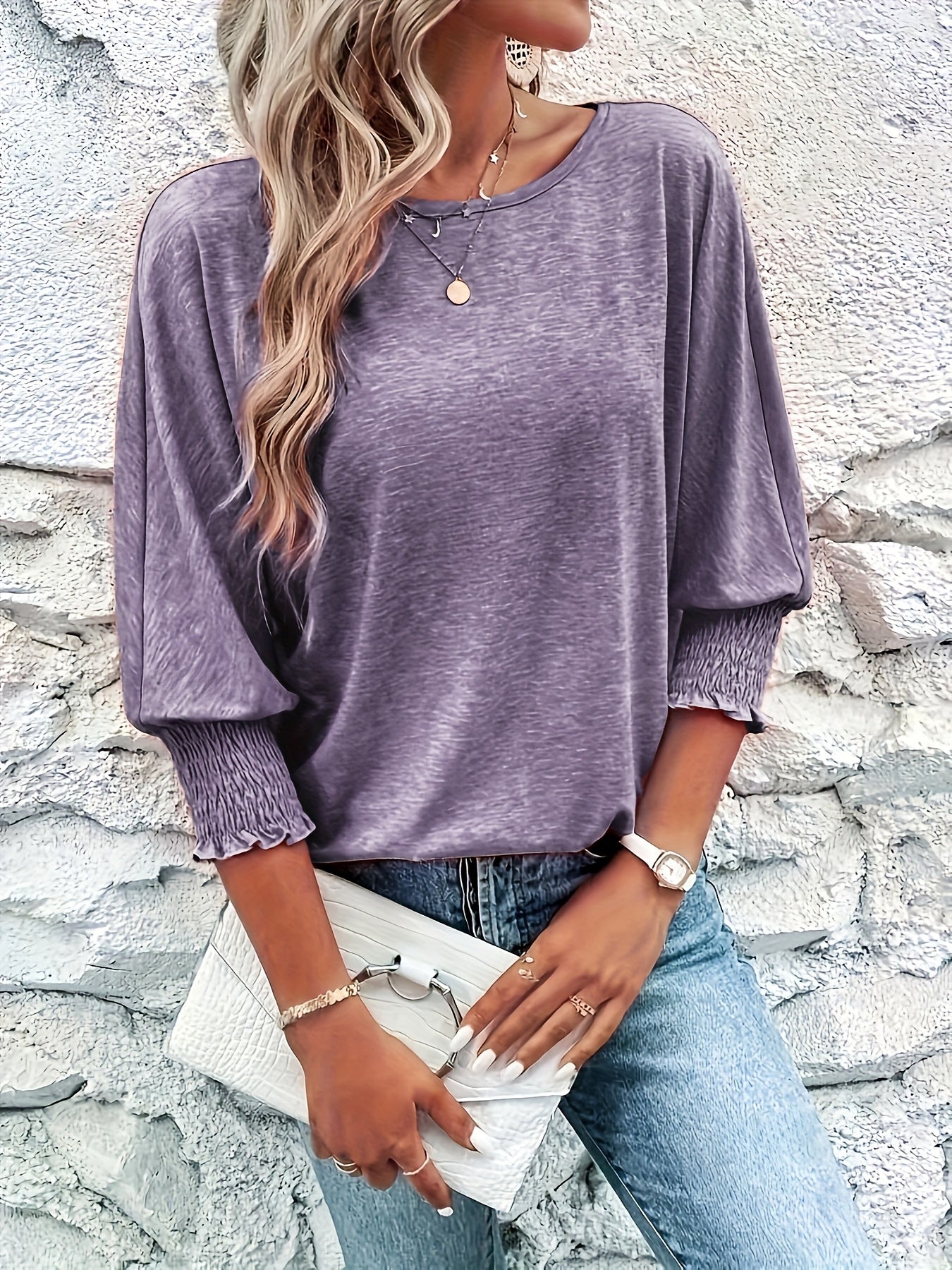 [Soft T-Shirt] Soft Lavender Women's Casual Mid-Sleeve T-Shirt | Smocking Detail, H-Line Silhouette, Machine Washable, Comfortable Fabric, Durable Clothing for Spring Summer Fall