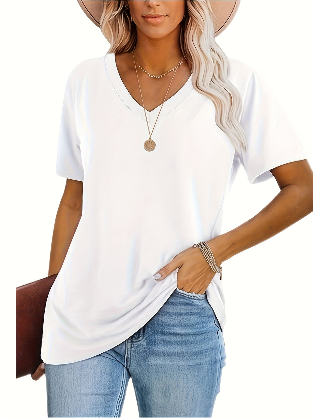 Three-piece Set 2025 Europe And America Fashion Women'S Casual Top Comfortable Loose V-neck Short-sleeved T-shirt