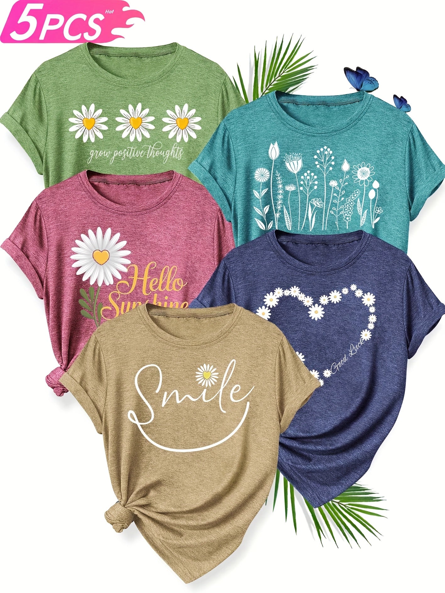 [Soft T-Shirts] 5pcs Soft Stretch Women's Casual Crew Neck Short Sleeve T-Shirts | Floral, Heart, and Smile Print Designs in Purple, Green, Pink, and Blue - Plus Sizes Available, Comfortable Fit Tee