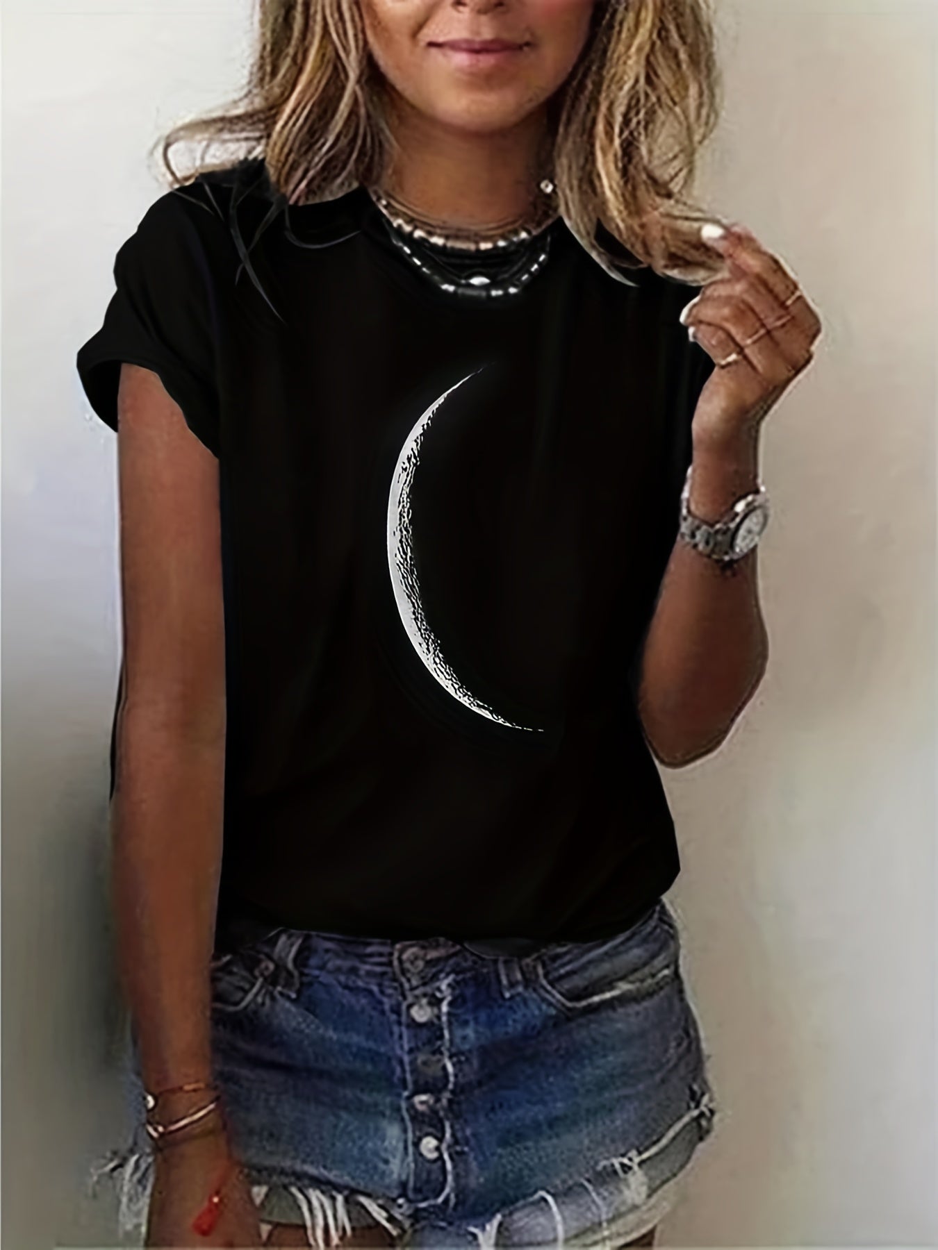 [Casual T-Shirt] Casual Moon Print Crew Neck T-Shirt | Women's Short Sleeve T-Shirt For Spring & Summer