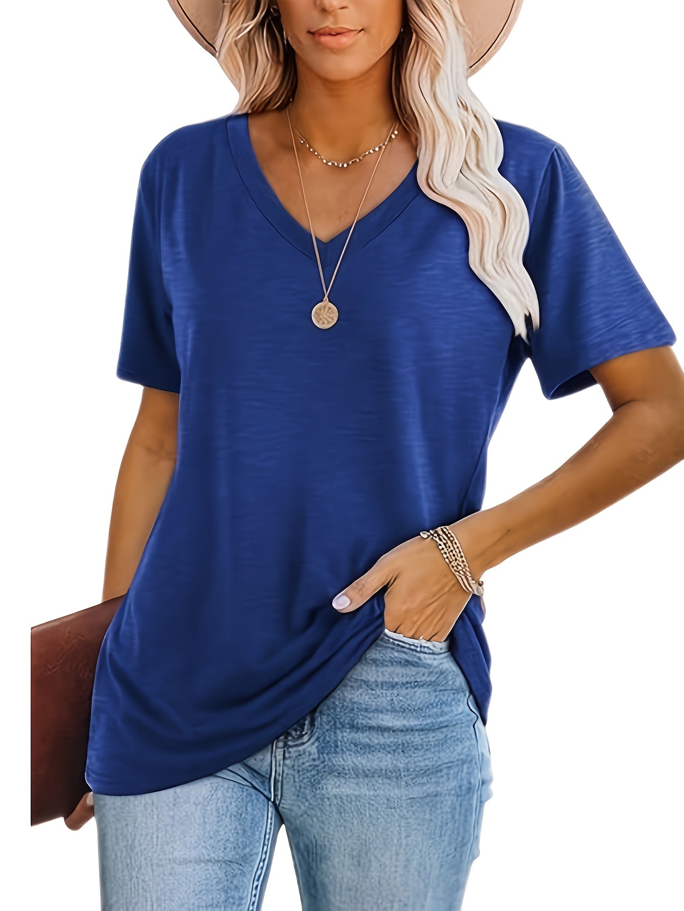 Women'S 3pcs V-Neck Short Sleeve T-Shirts - Casual Loose Fit, Solid Colors (Black, Blue, Pink), Soft Polyester Blend, Machine Washable, All-Season Comfor