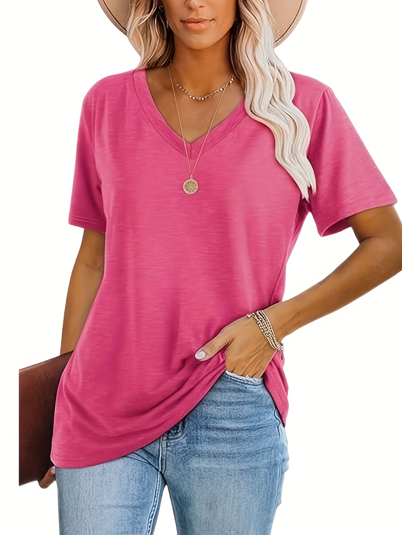 Women'S 3pcs V-Neck Short Sleeve T-Shirts - Casual Loose Fit, Solid Colors (Black, Blue, Pink), Soft Polyester Blend, Machine Washable, All-Season Comfor