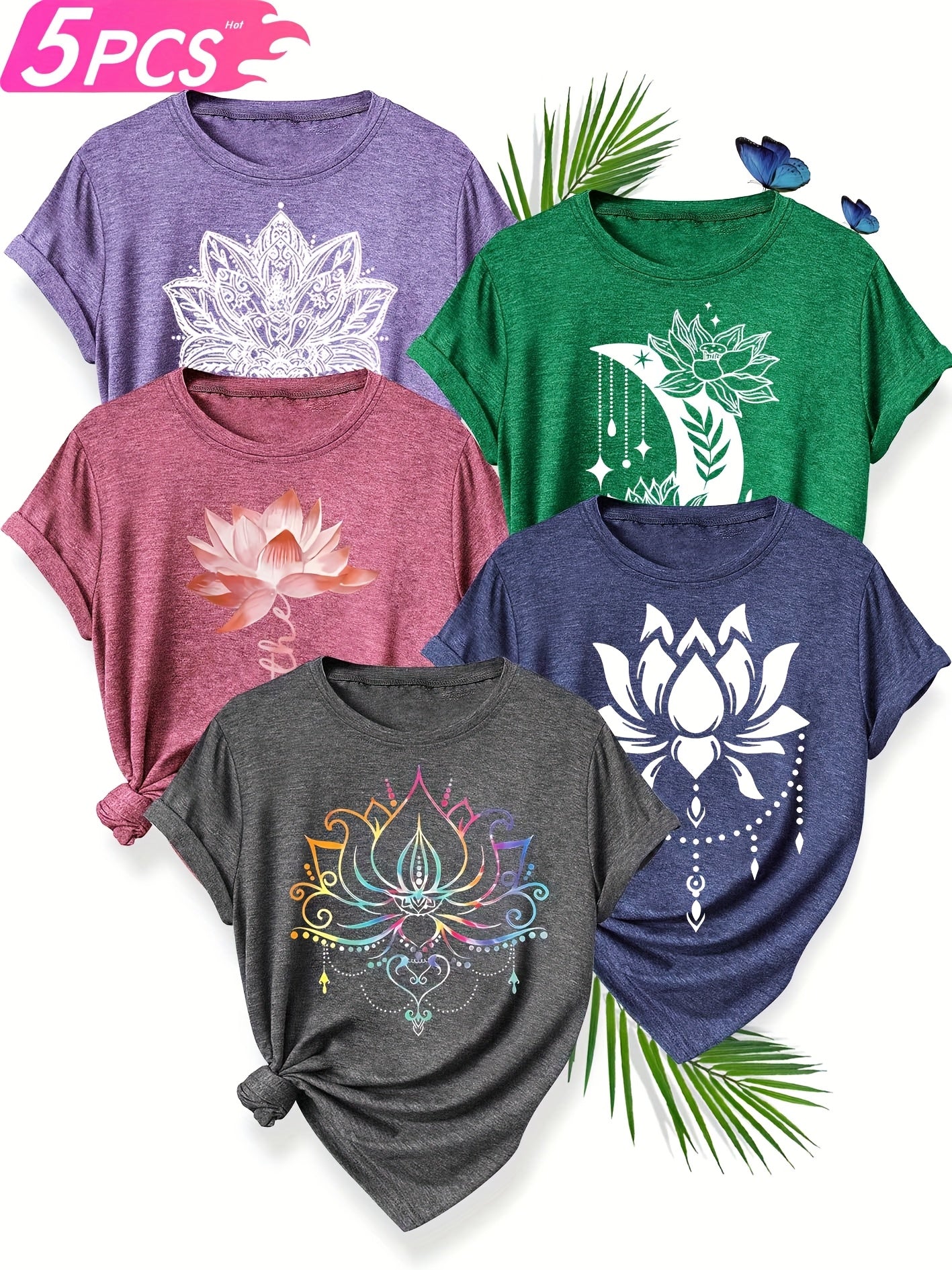 5pcs Women'S Floral Print T-Shirts - Casual Crew Neck, Short Sleeve, Medium Stretch, Vibrant Colors (S-XXL) - Perfect for Spring, Summer &
