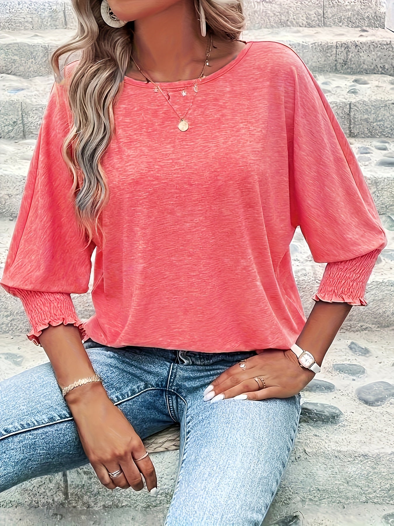[Soft T-Shirt] Soft Lavender Women's Casual Mid-Sleeve T-Shirt | Smocking Detail, H-Line Silhouette, Machine Washable, Comfortable Fabric, Durable Clothing for Spring Summer Fall