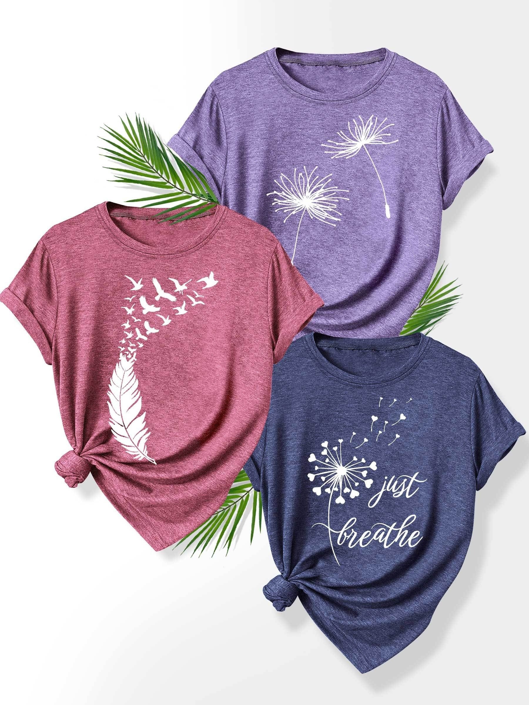 [Summer Floral Tees] 3pcs Set Soft Polyester Blend Floral Print T-Shirts for Women | Casual Summer Short Sleeve Crew Neck Tees, Dandelion, Rose, and Bee Design, Sizes S-XXL, Perfect for Casual Attire, Casual Summer Wear
