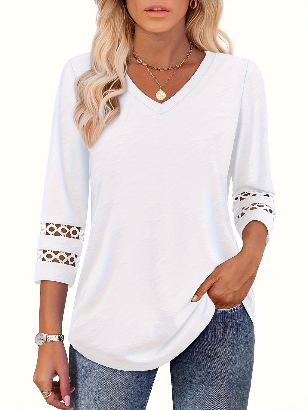 Four-Piece Set Women's 3/4 Sleeve Fashion Casual V-Neck T-Shirt Top