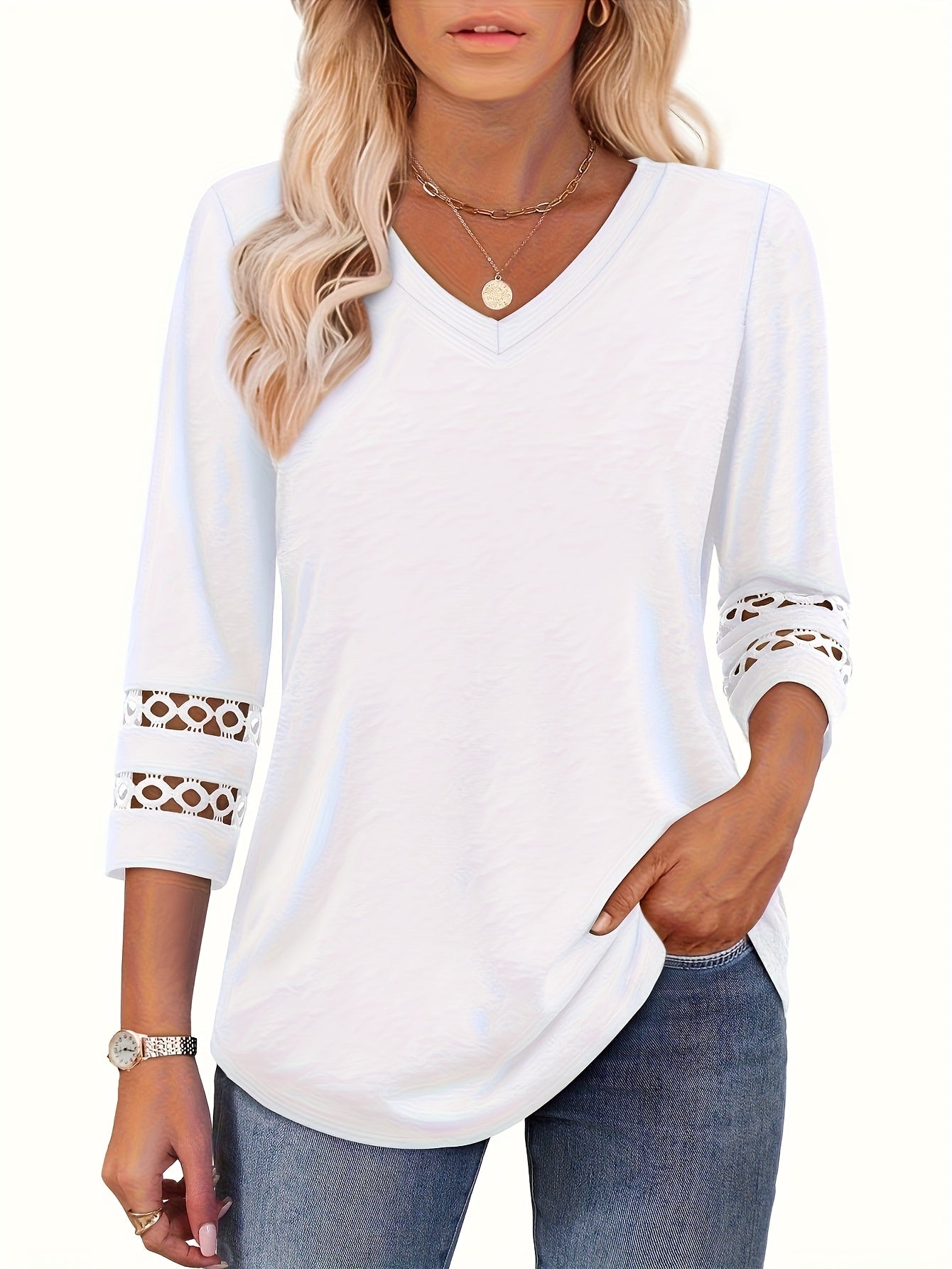 Four-Piece Set Women's 3/4 Sleeve Fashion Casual V-Neck T-Shirt Top