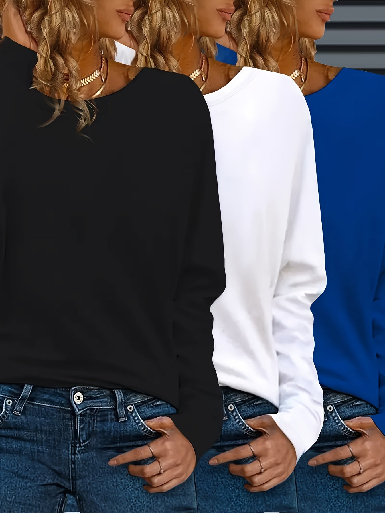 [Polyester T-Shirts] 3-Pack Women's Polyester Crew Neck T-Shirts | Long Sleeve Pullovers with Slight Stretch, Solid Color, Regular Fit for Fall/Winter