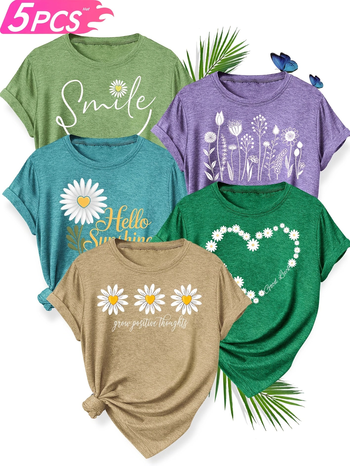 [Soft T-Shirts] 5pcs Soft Stretch Women's Casual Crew Neck Short Sleeve T-Shirts | Floral, Heart, and Smile Print Designs in Purple, Green, Pink, and Blue - Plus Sizes Available, Comfortable Fit Tee