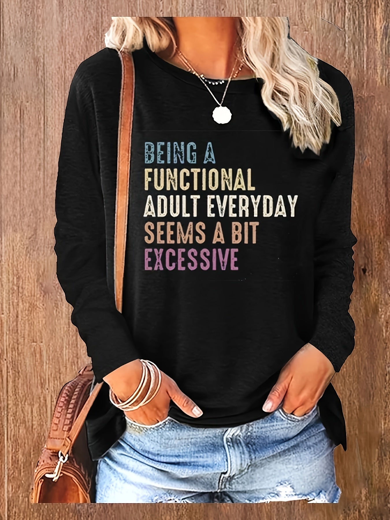 [Casual Long Sleeve T-Shirts] 3pcs Women's Casual Long Sleeve T-Shirts | Geometric Print, Relaxed Fit Round Neck, Machine Washable, Spring & Fall Essential Tops in Pink, Teal & Black for Casual Attire & Home Comfort, Versatile Playful Graphic Tee, Durable