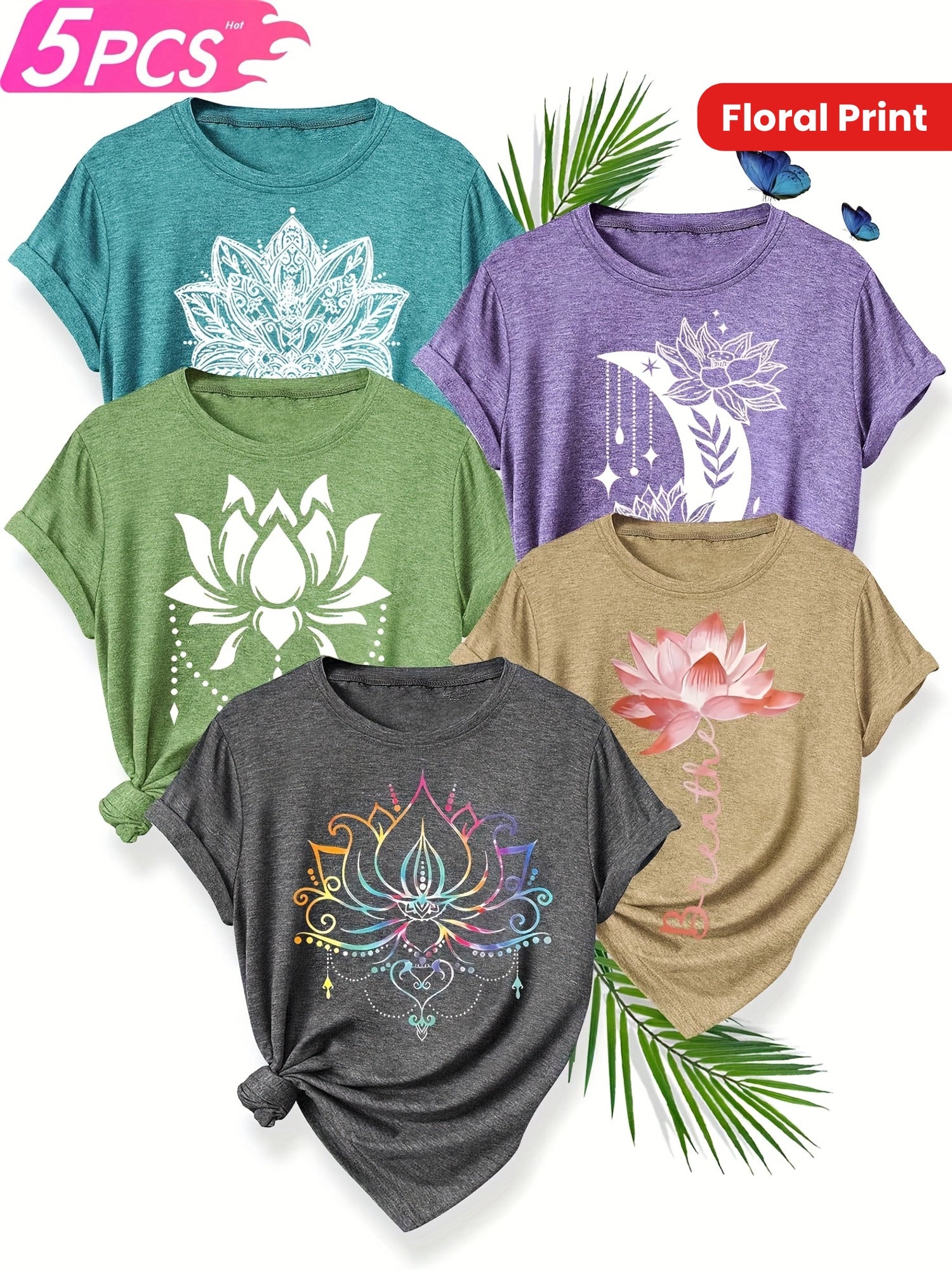 5pcs Women'S Floral Print T-Shirts - Casual Crew Neck, Short Sleeve, Medium Stretch, Vibrant Colors (S-XXL) - Perfect for Spring, Summer &
