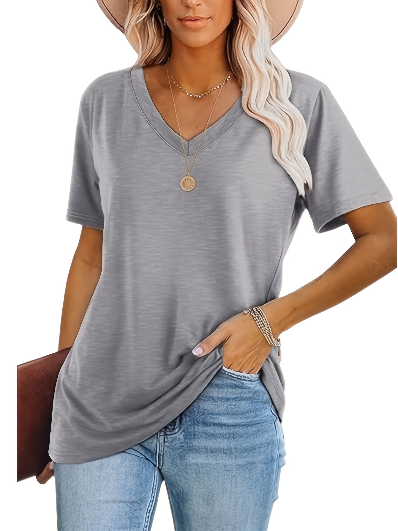 Women'S Casual V-Neck T-Shirt Set - Soft Polyester, Short Sleeve, Solid Color Tops in Black, Teal, and Pink - Perfect for Spring and Summer Outfits, Ladies T Shirts