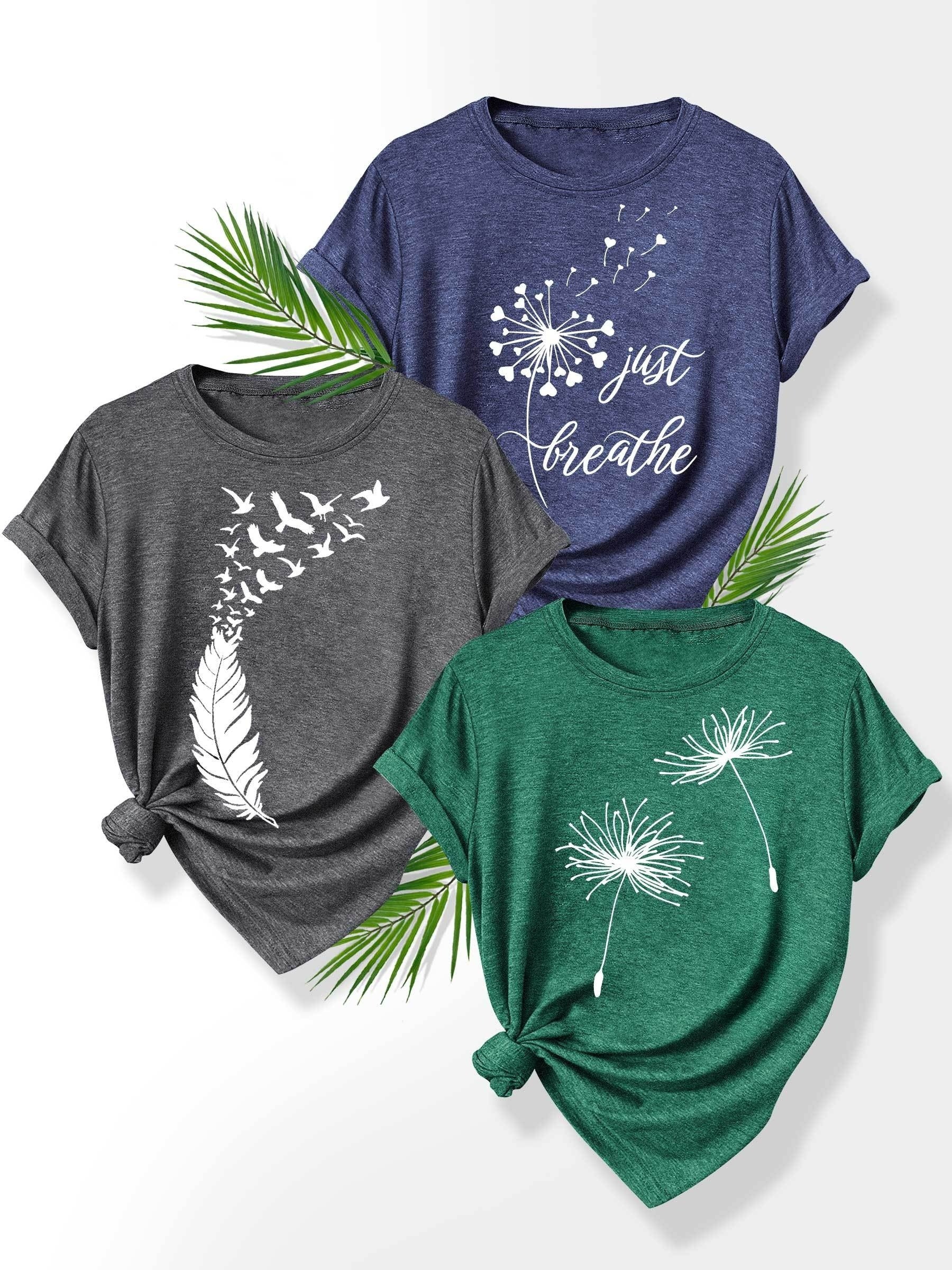 [Summer Floral Tees] 3pcs Set Soft Polyester Blend Floral Print T-Shirts for Women | Casual Summer Short Sleeve Crew Neck Tees, Dandelion, Rose, and Bee Design, Sizes S-XXL, Perfect for Casual Attire, Casual Summer Wear