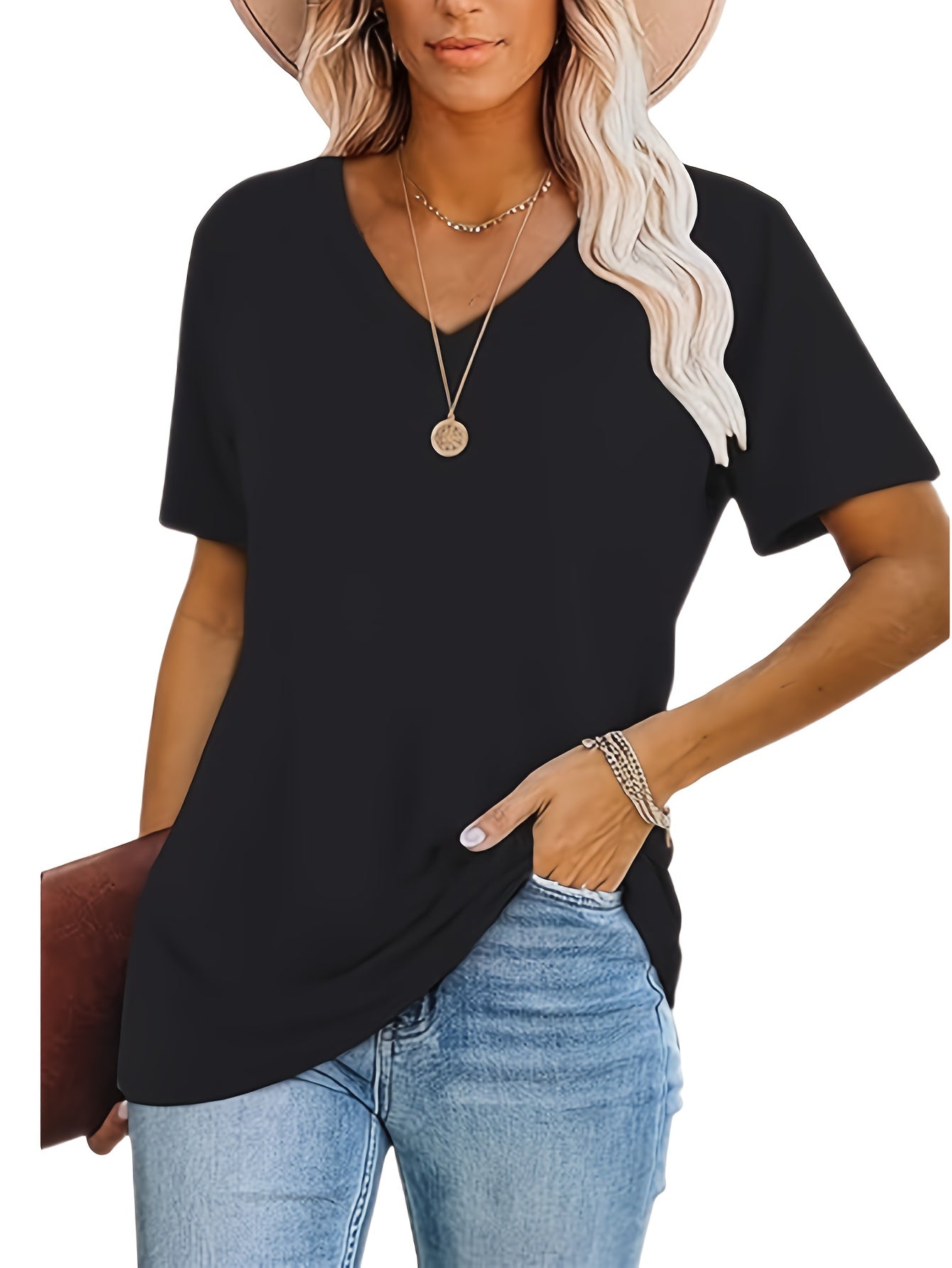 [Soft T-Shirts] 3pcs Soft Breathable Women's Casual V-Neck T-Shirts | Relaxed Fit Short Sleeve Tops in Black/White/Grey, Machine Washable, Versatile Casual Attire, Allseason Apparel, Minimalist Fashion, Comfortable Clothing