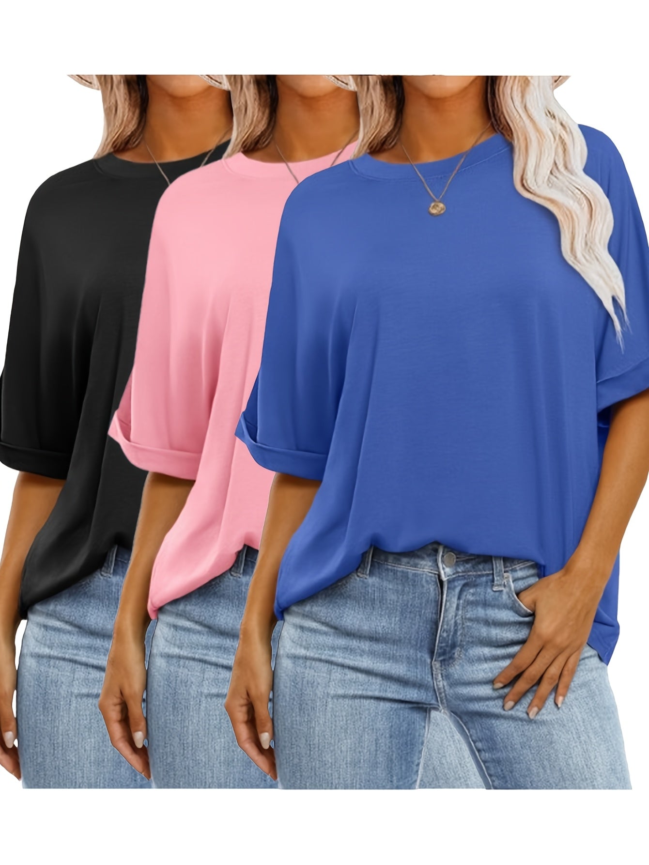 [3pcs Trendy Tee] Three-Piece Women's Oversized Short Sleeve Round Neck Summer Casual Loose Basic Tee Top Set 2025 Trendy Fashion Clothing