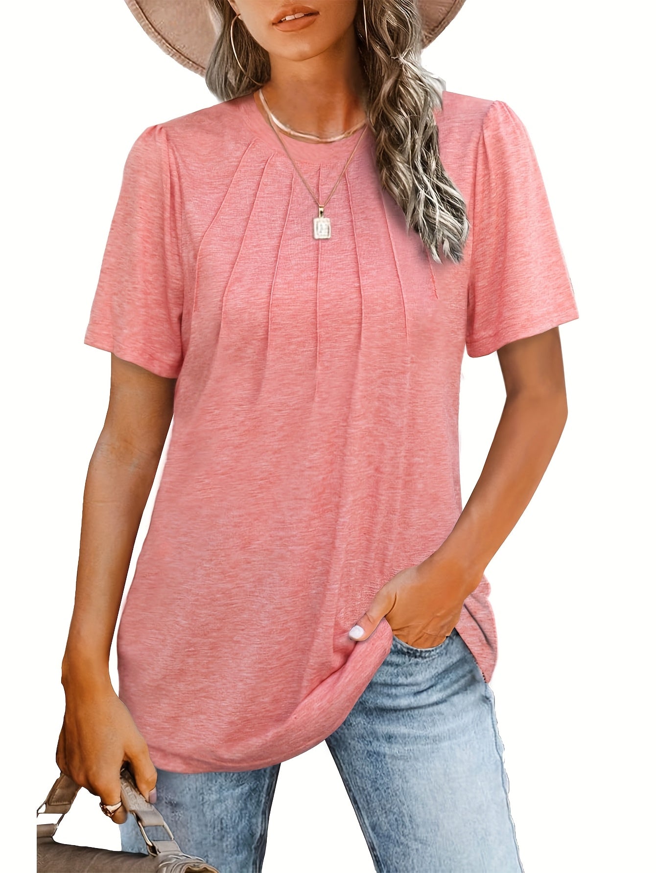 [Summer T-Shirt Set] 3pcs Women's Summer Short Sleeve Round Neck T-Shirt Set | Casual Polyester, Solid Color with Ruffled Bubble Sleeves, All-Season Comfort, Ladies T Shirts