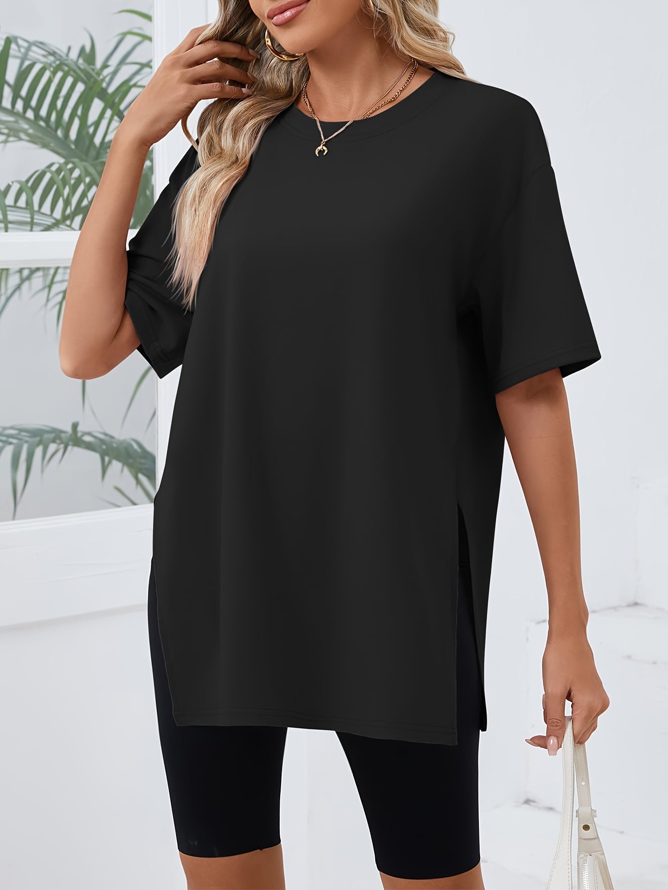 [3pcs Women's T-Shirt] Three-Piece Women's Oversized Casual T-Shirt Set | Short Sleeves, Side Slit, Round Neck, Loose Basic Top