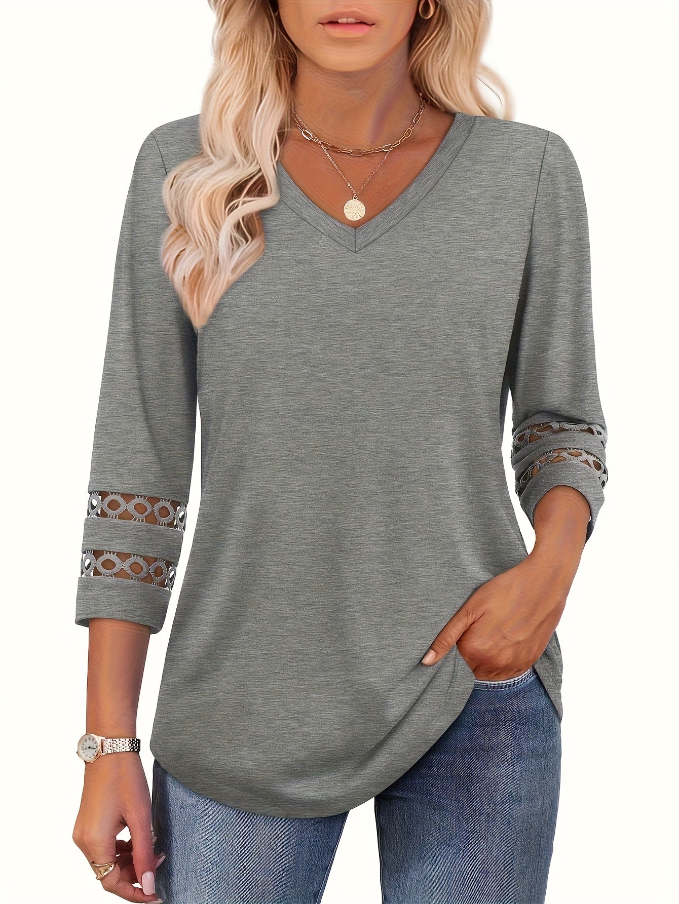 Four-Piece Set Women's 3/4 Sleeve Fashion Casual V-Neck T-Shirt Top