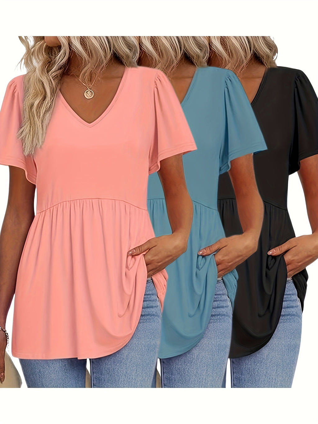 3pcs Women'S Summer V-Neck T-Shirts, Casual Short Sleeve Ruffle Hem Tee, Solid Color Polyester Blend, Lightweight Breathable Fabric for Daily & Party Wea