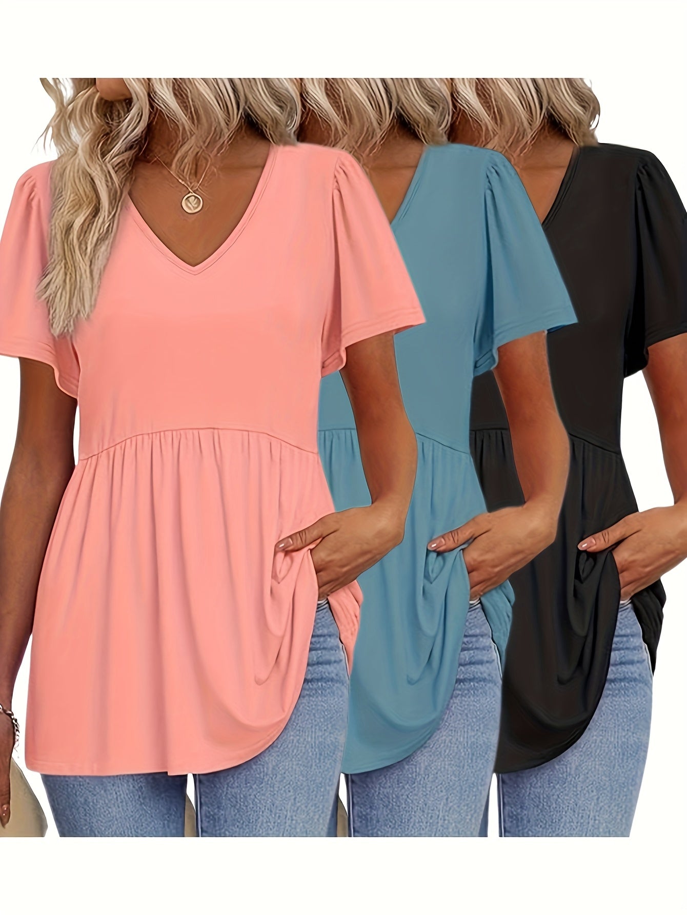 3pcs Women'S Summer V-Neck T-Shirts, Casual Short Sleeve Ruffle Hem Tee, Solid Color Polyester Blend, Lightweight Breathable Fabric for Daily & Party Wea