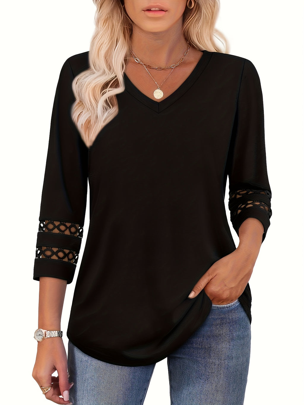 Four-Piece Set Women's 3/4 Sleeve Fashion Casual V-Neck T-Shirt Top